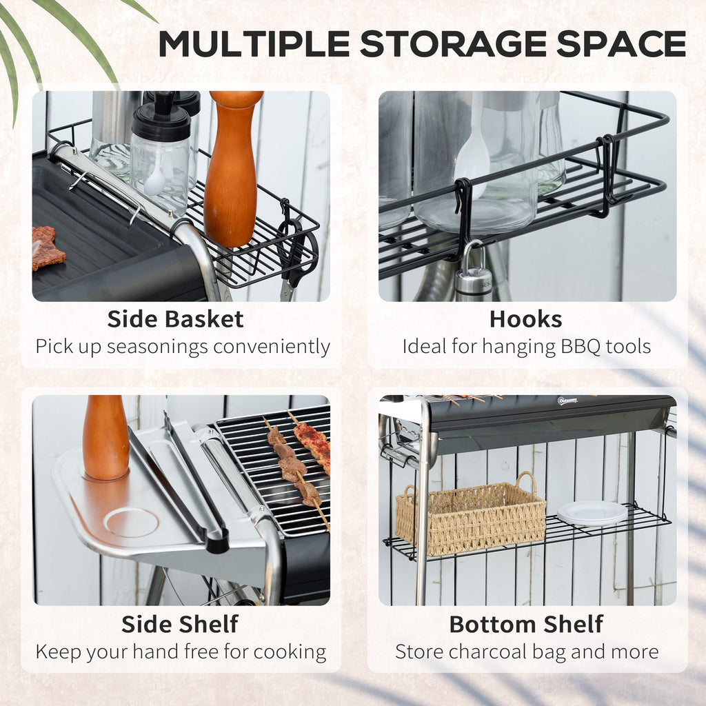 Charcoal Barbecue with Grill and Cooking Plate, Basket and Shelves, 96x61x72cm, Black - Borge' Group Limited