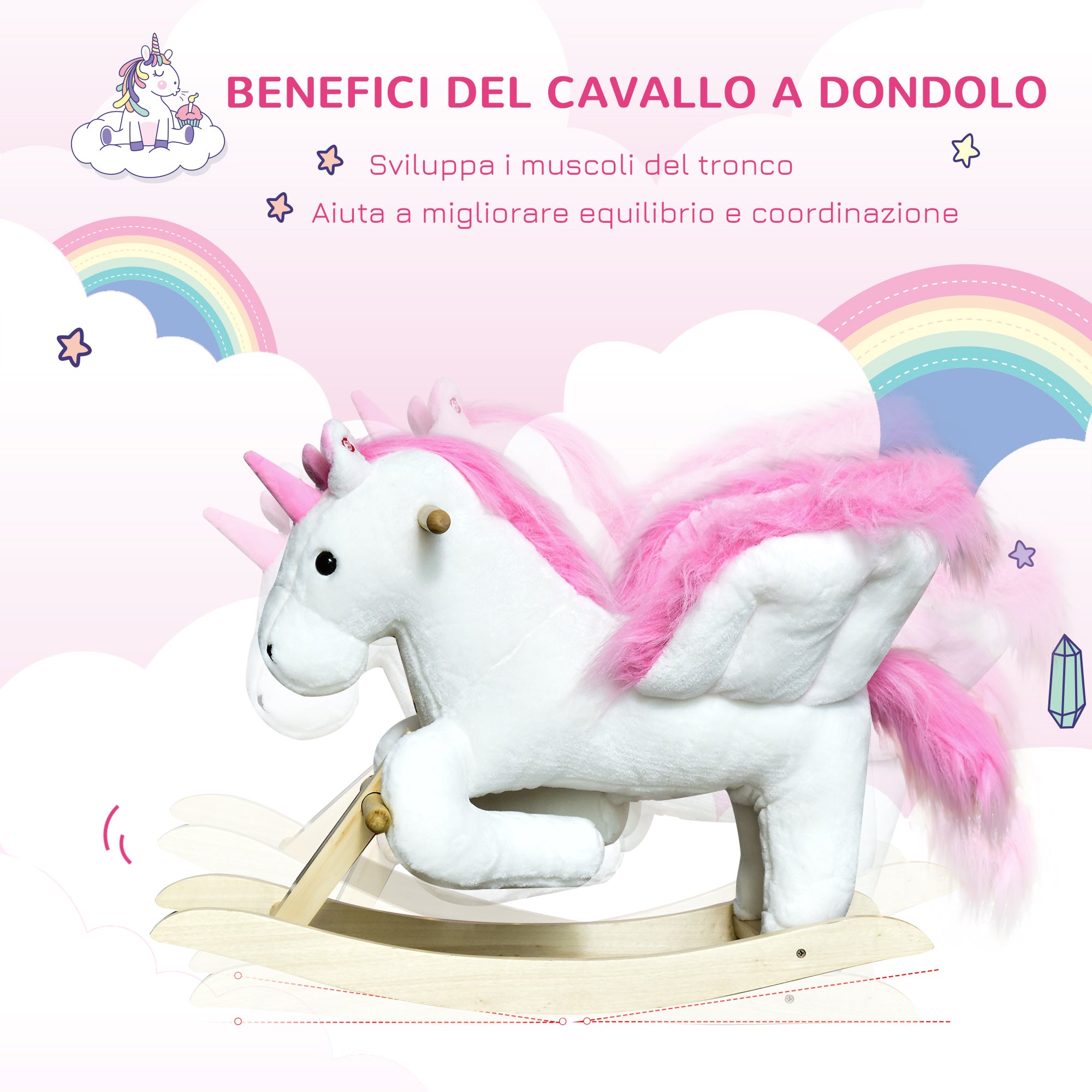 Unicorn Rocking Horse with Music, Metal and Wood Frame, Plush Cover, 65x32x55cm, White Pink - Borgè