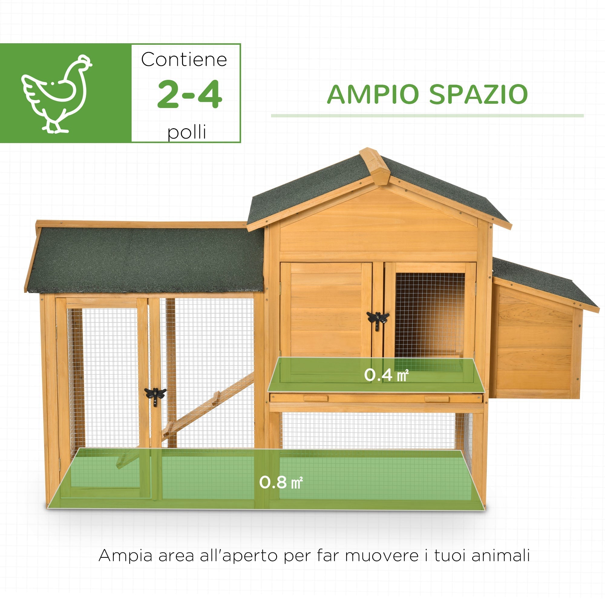 Chicken Coop with House and Open Area, Nest with Opening Roof and Wire Mesh, Yellow Wooden Chicken Coop, 168x75x103cm - Borge' Group Limited