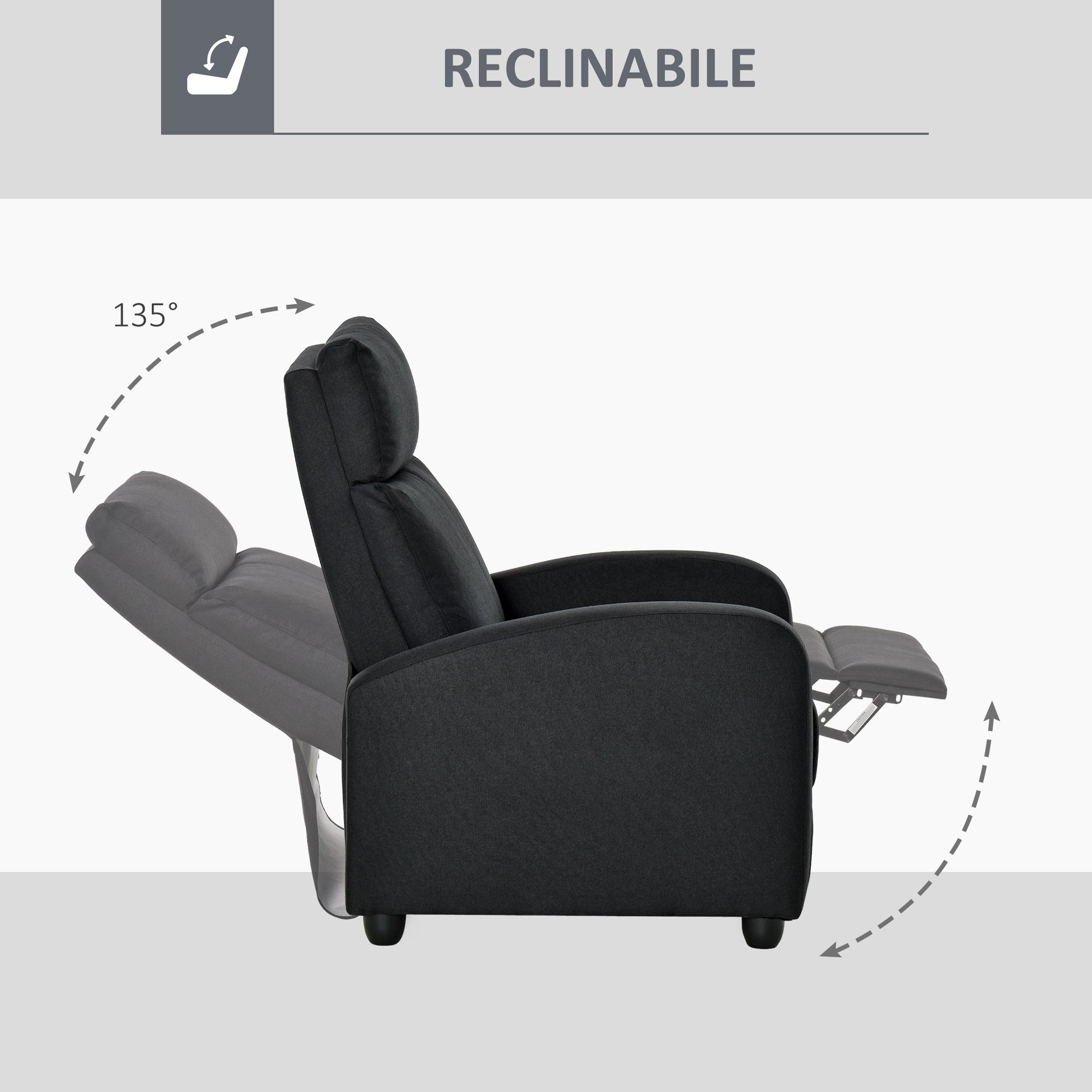Padded Relax Armchair With Reclinable Back and Pullified Pypiece In Black Fabric - Borgè