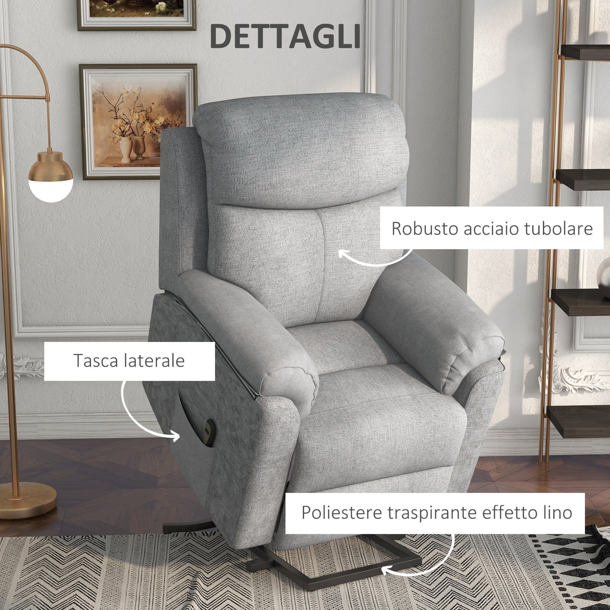 Grey Reclinable Lifting Armchair with footrests and massage points| 83x89x102 cm - Borgè