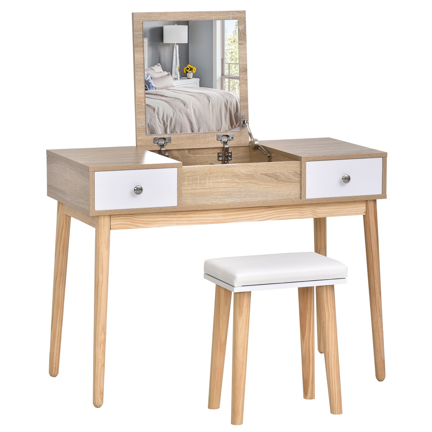 Modern Wooden Vanity Make-up Table an Stool, with Mirror and Jewels Organiser - Borgè