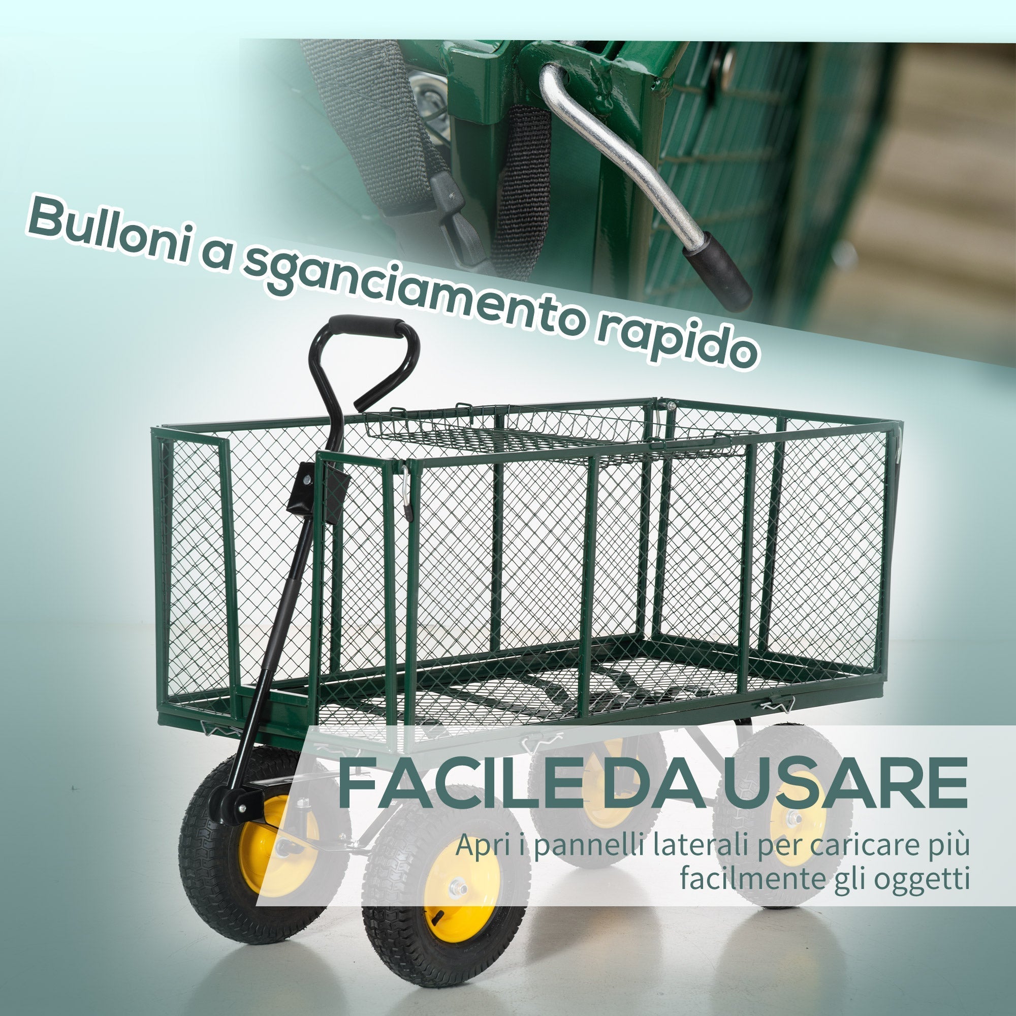 Steel Garden Cart with Folding Side Walls and 4 Wheels, Capacity 342L, Green - Borge' Group Limited