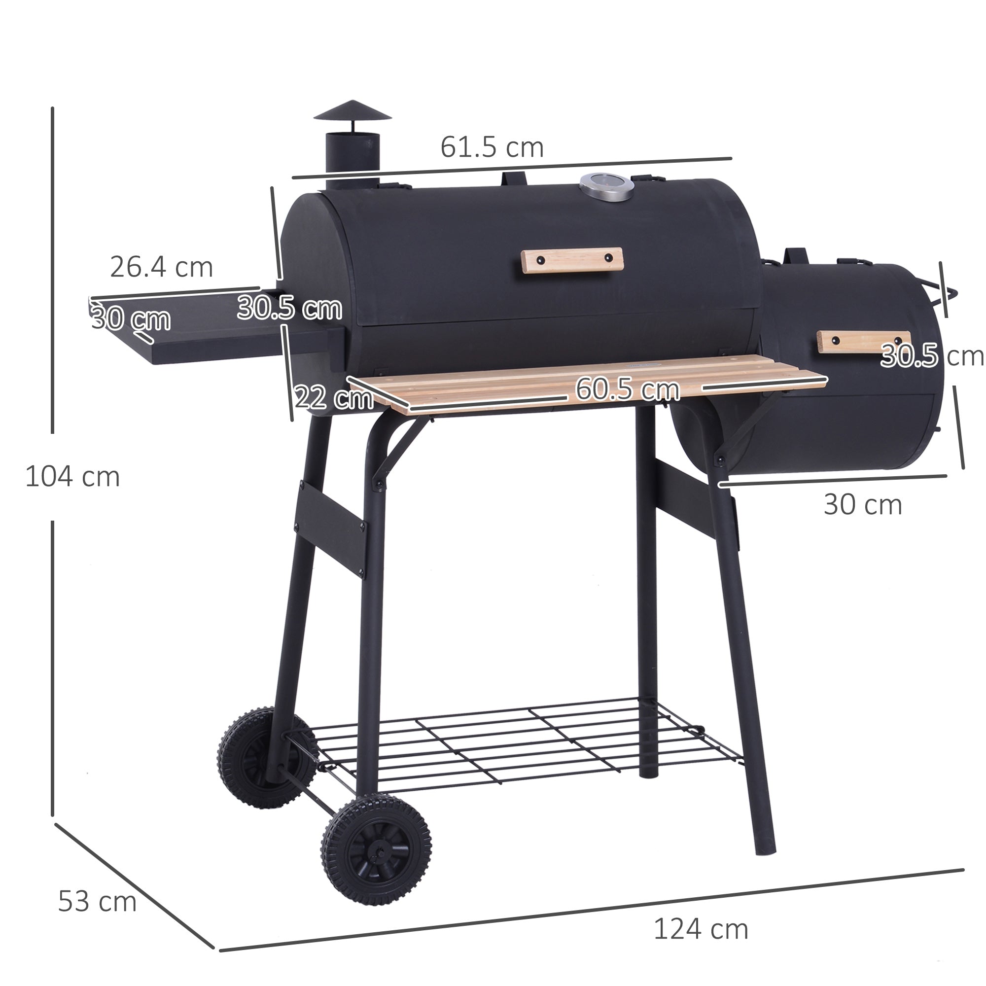 Charcoal Barbecue with Lid and Smoker, Garden BBQ with Shelves and Wheels 124x53x104 cm, Black - Borge' Group Limited