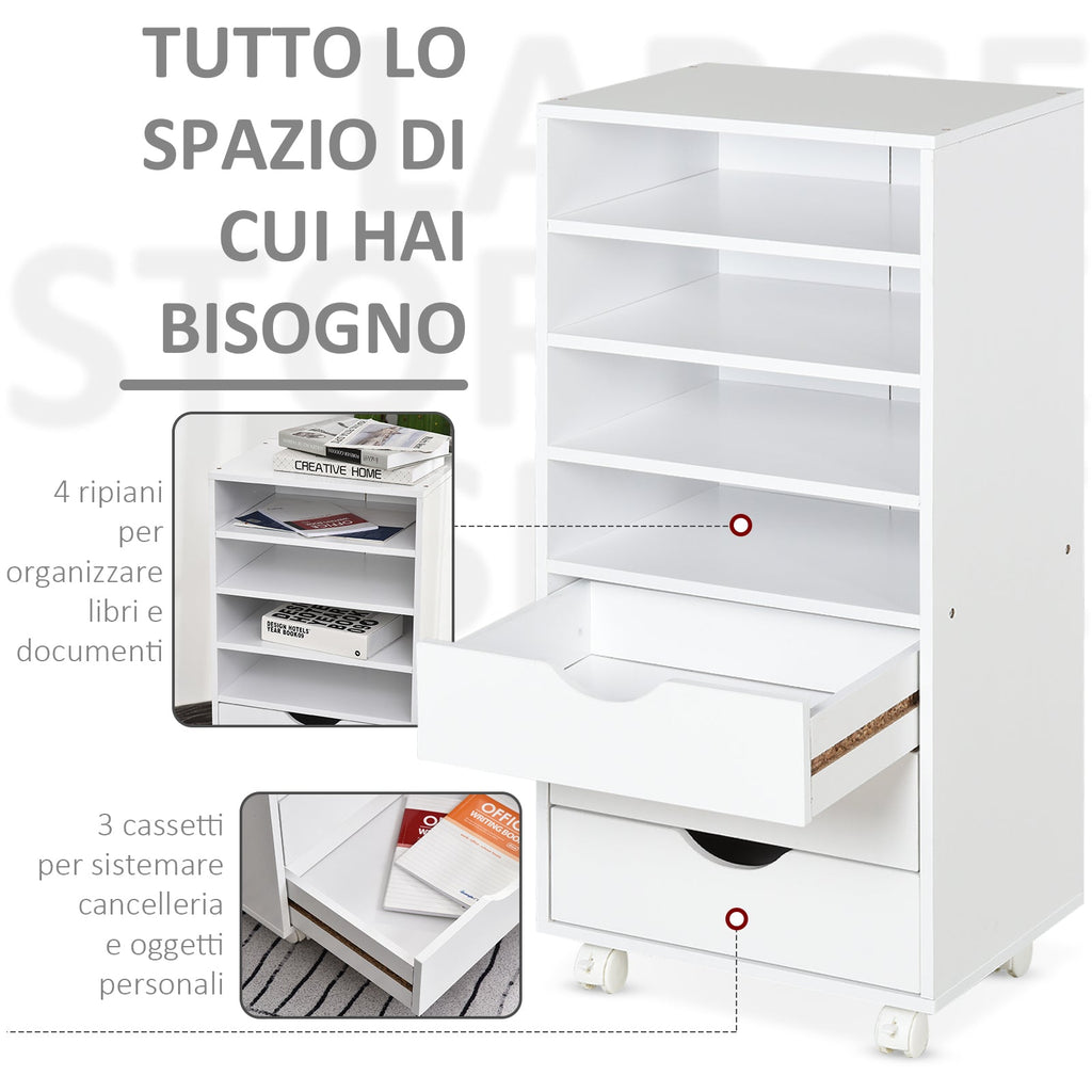 Vadet Tagged Coaching Daid with 4 wheels 4 shelves 3 drawers in Wooden Wooden White MDF 38 x 30 x 86.8 cm - Borgè