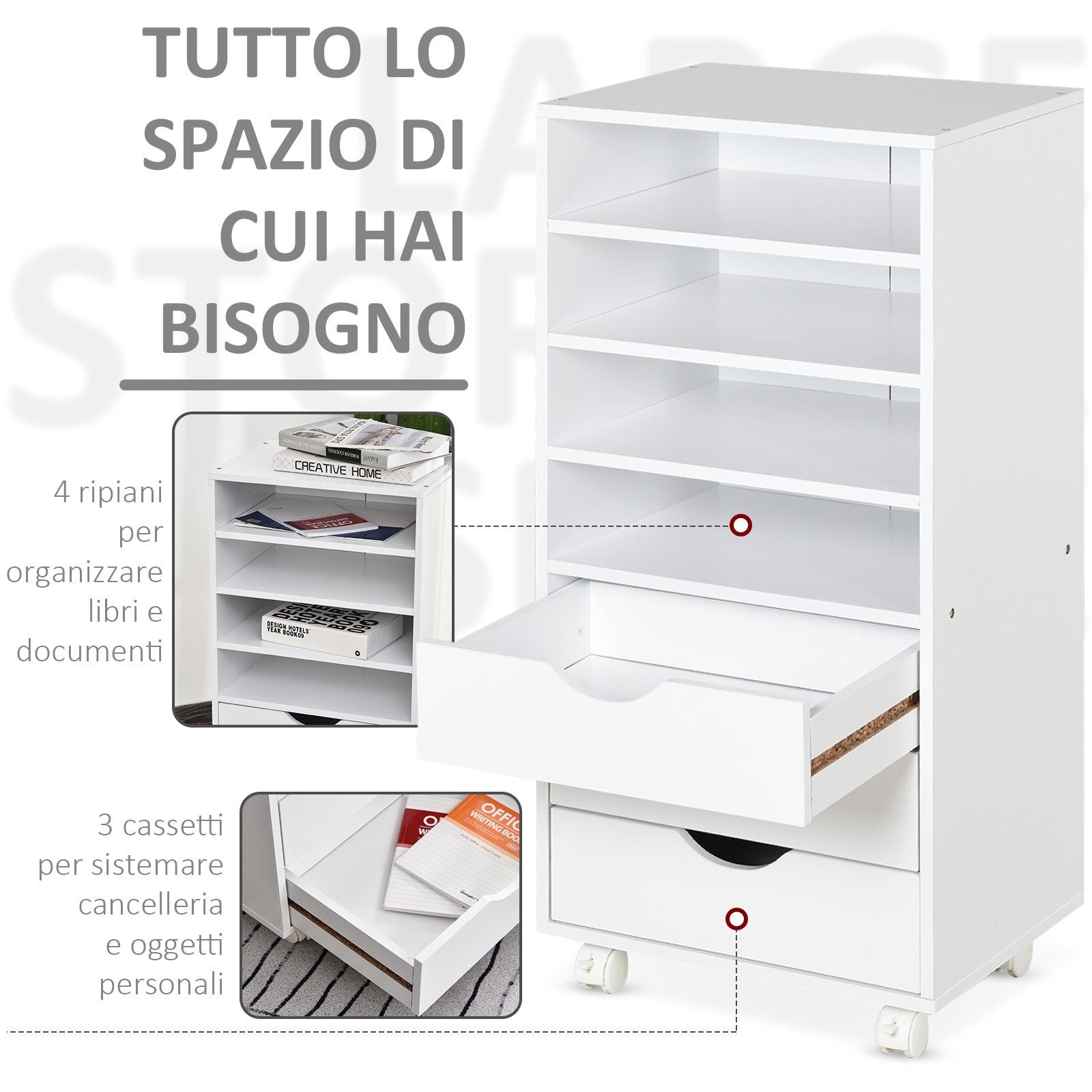 Vadet Tagged Coaching Daid with 4 wheels 4 shelves 3 drawers in Wooden Wooden White MDF 38 x 30 x 86.8 cm - Borgè