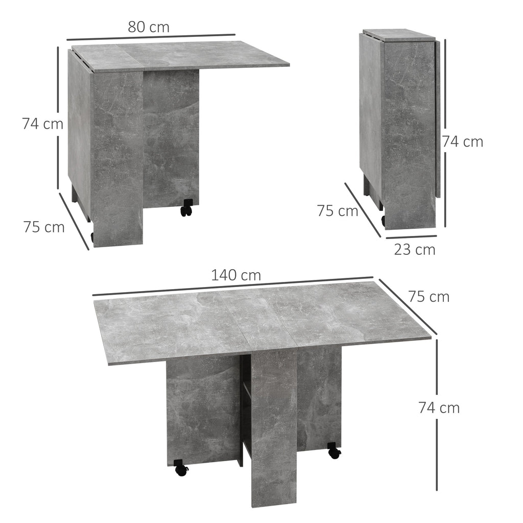 Foldable Wooden Table For 4-6 people with wheels, 75x140x74cm, Grey - Borgè