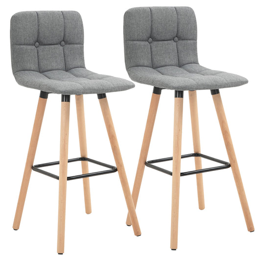 Set 2 bar stools with back and footrests, padded seat in fabric and wooden legs - Grey - Borgè