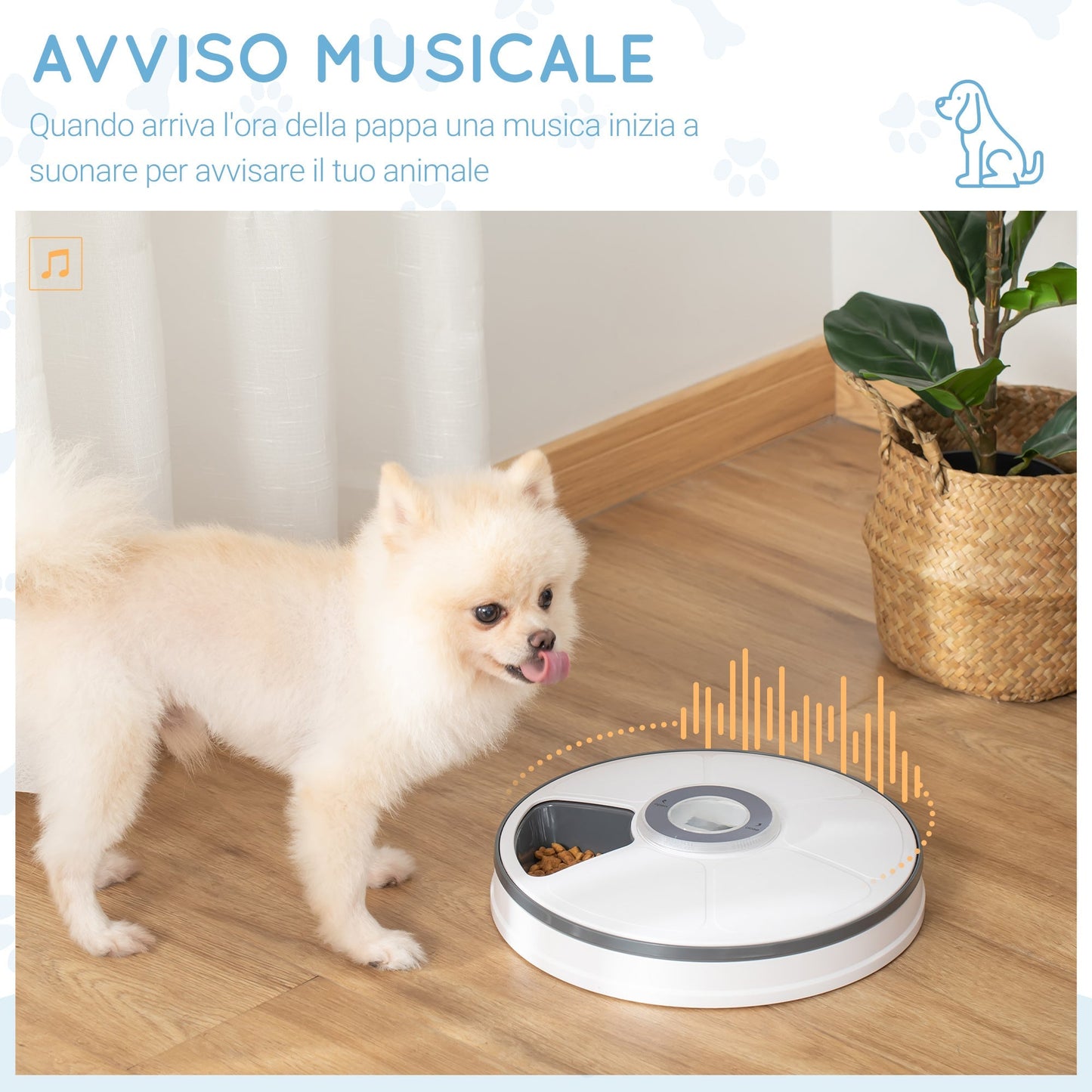 PAWHUT Automatic distributor food dogs and cats, 6 bowls bowls with timer and led displays battery, food dispenser for small animals with music - Borgè