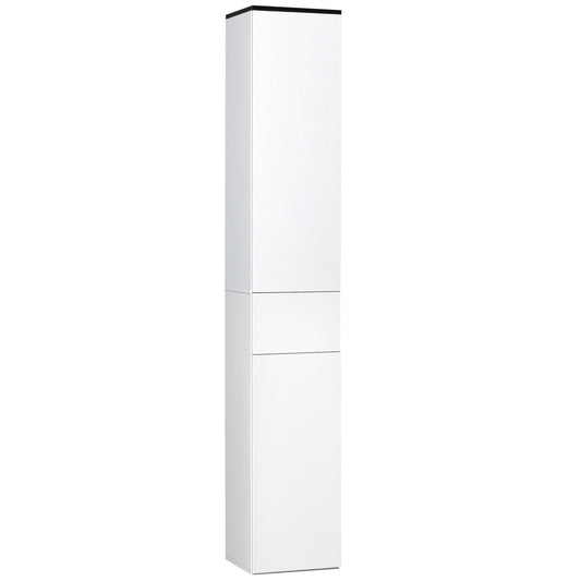 Kleankin Bathroom cabinet with adjustable shelf, 2 closed shelves and a wooden drawer, 30x28x180 cm, white - Borgè