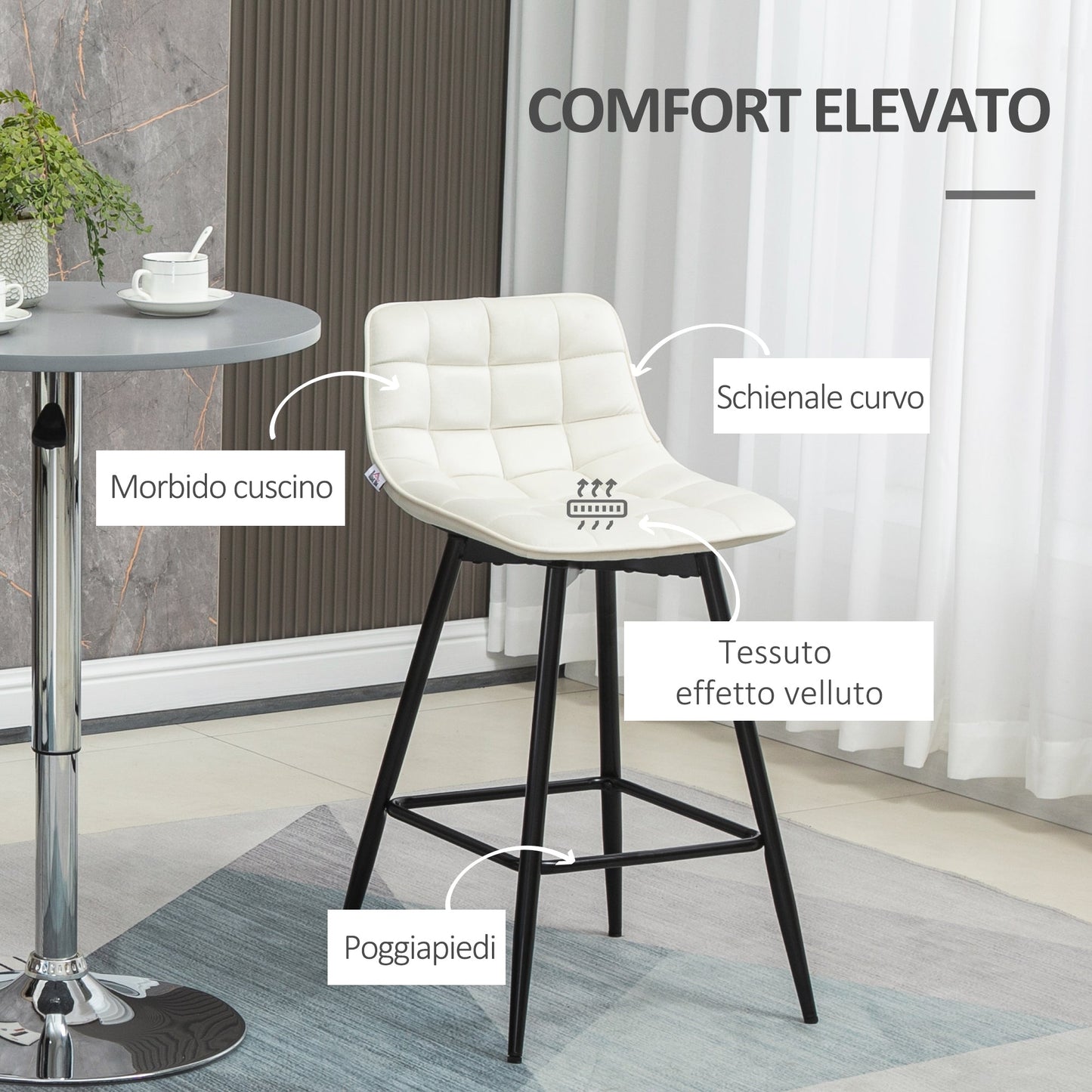 Set of 2 Nordic Style Bar Stools with Backrest and Footrest in Metal and Velvet, Cream, 45x47x84 cm - Borgè