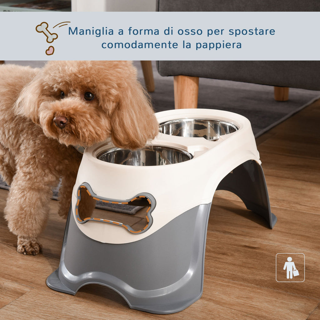 Double Raised Dog Bowl in Stainless Steel and Plastic with Non-Slip Feet, 47x25x20cm, White and Grey - Borge' Group Limited