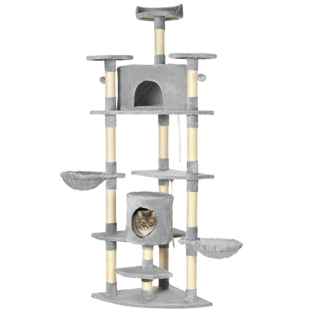 Cat Tree for cats with Scratch Pole, with houses and hammocks, 60x60x200cm, light Grey - Borgè
