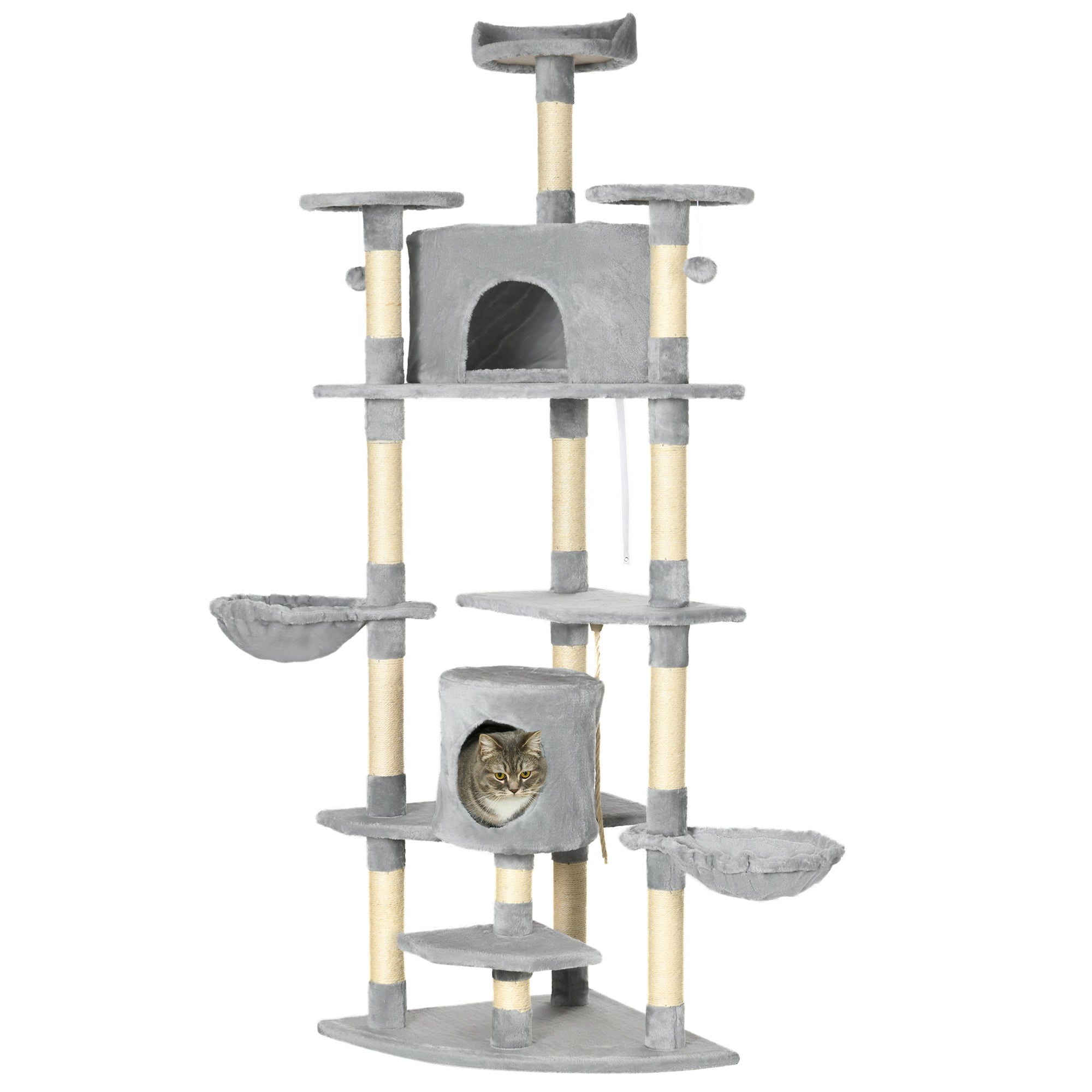 Cat Tree for cats with Scratch Pole, with houses and hammocks, 60x60x200cm, light Grey - Borgè