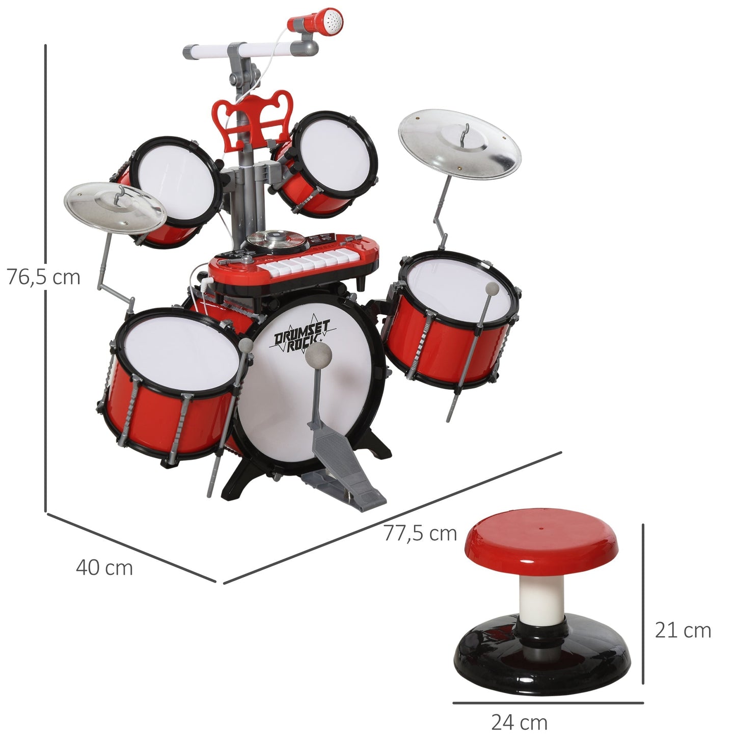 Homcom Set Battery for children with musical instruments, sound effects and toy microphone, 77.5 x 40 x 76.5cm, red - Borgè