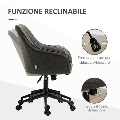 Reclinable office chair with adjustable height, PU leather, rubber and steel, 59x60x90-100 cm, Grey