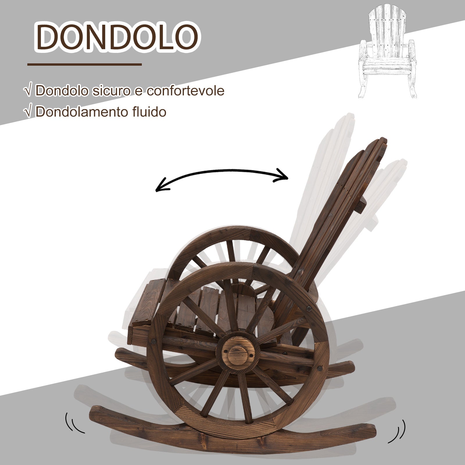 Adirondack Rocking Chair, Rustic Design with 2 Wheels, Burnt Spruce Wood, 88x68x92cm - Borge' Group Limited
