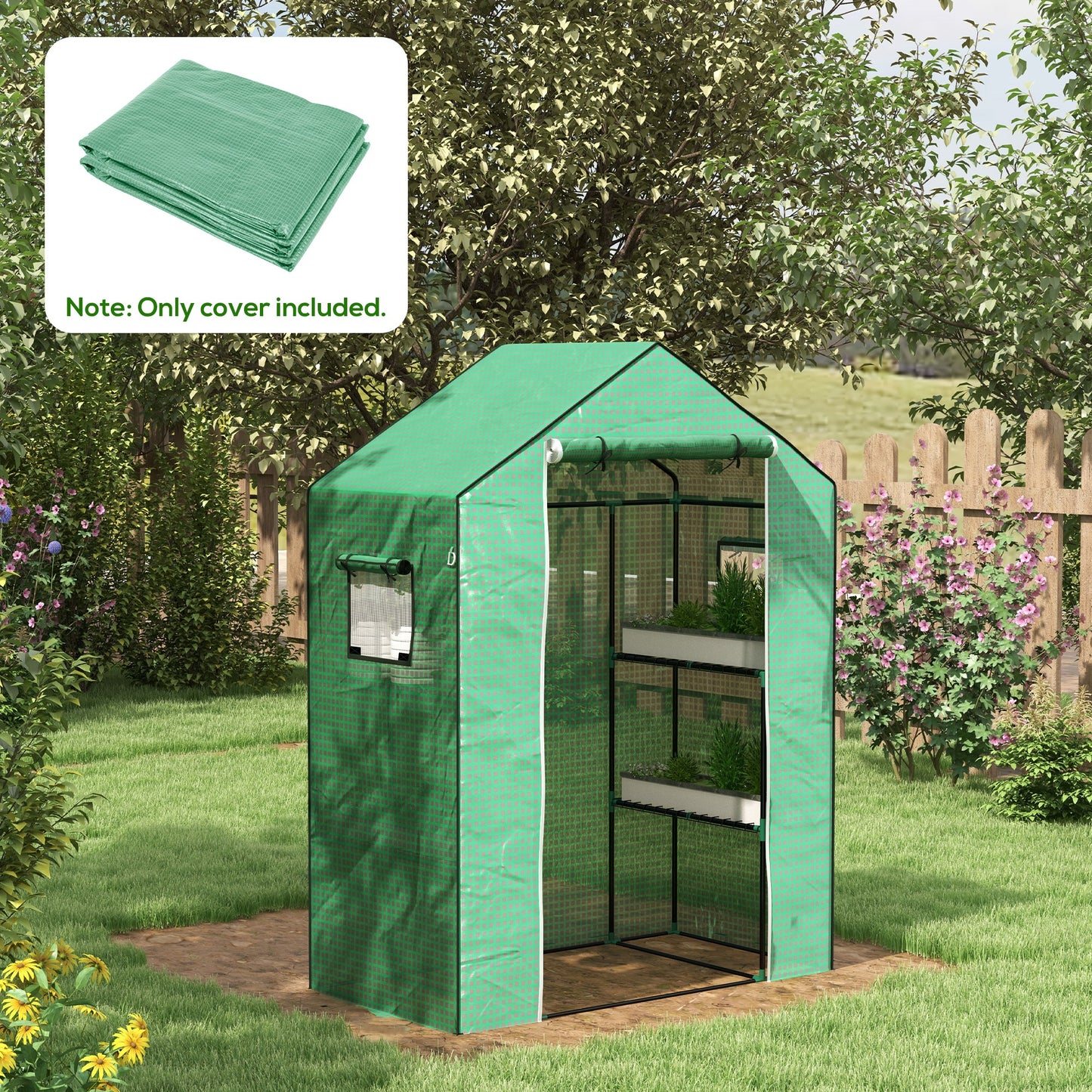 Outsunny PE Garden Greenhouse Cover with Hinged Door and Windows, 140x73x190cm, Green - Borgè