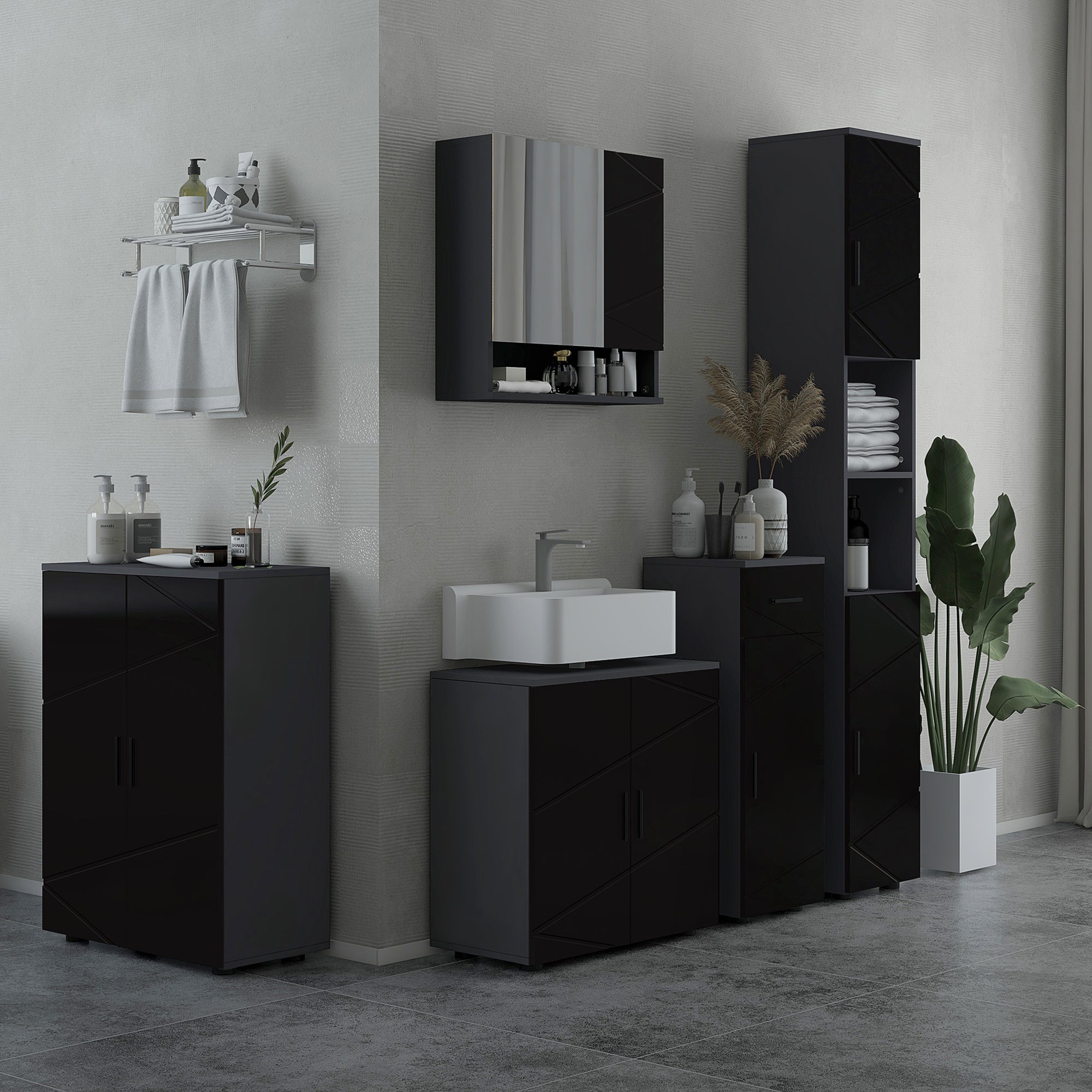 Kleankin Mobile Sublavabo Wooden Bath with 2 -door locker, 60x30x60cm, black - Borgè