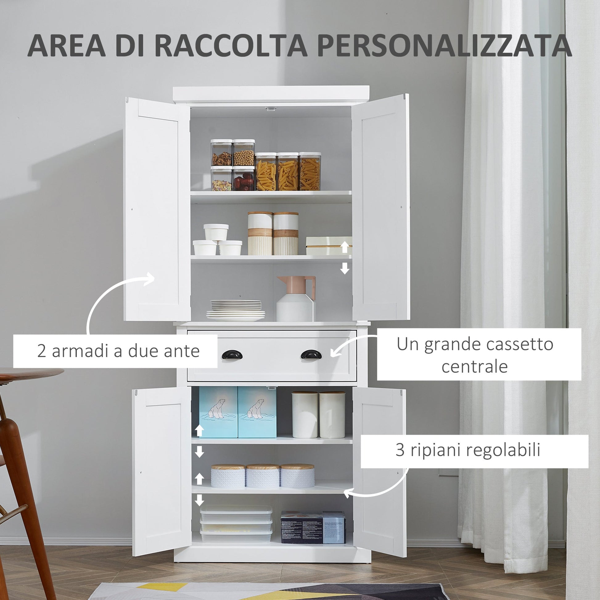 Mobile kitchen with upper and lower locker and central drawer in MDF, chipboard and metal, 76x40.5x184cm, white - Borgè