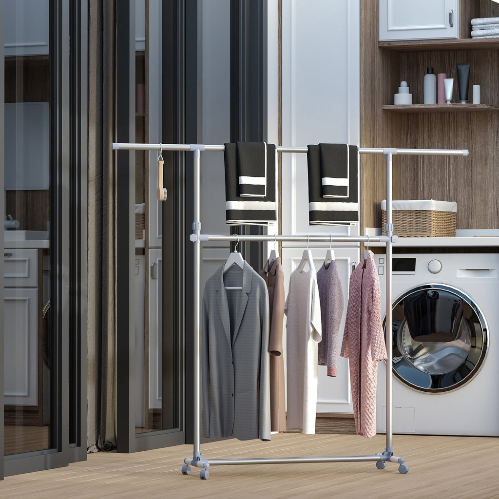 Stenter bend with adjustable height and extension, 4 swivel wheels, stainless steel and ABS, 165x48x180cm - Borgè