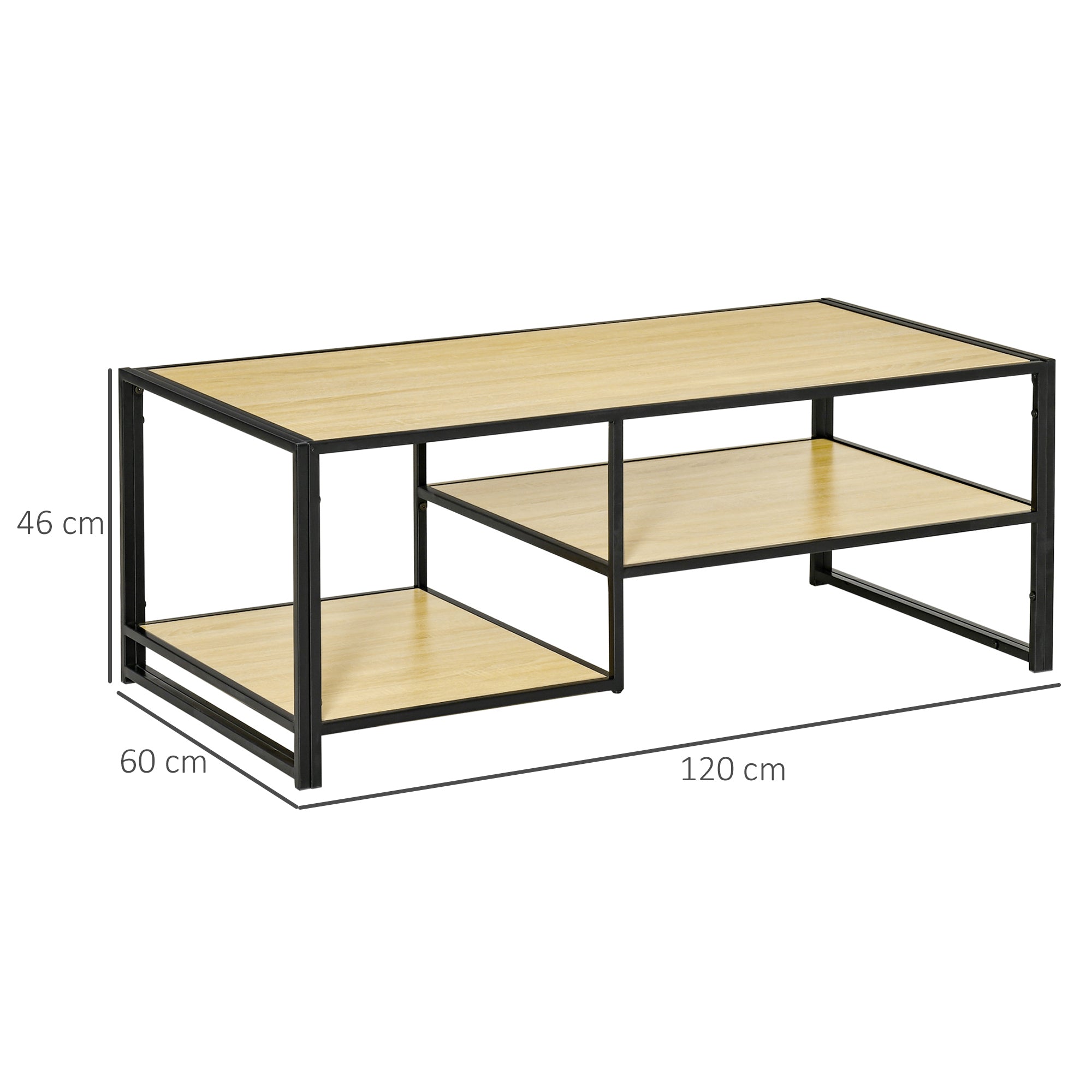 Industrial Style Coffee Table with 3 shelves, in MDF and Steel, 120x60x46cm - Wood | - Borgè