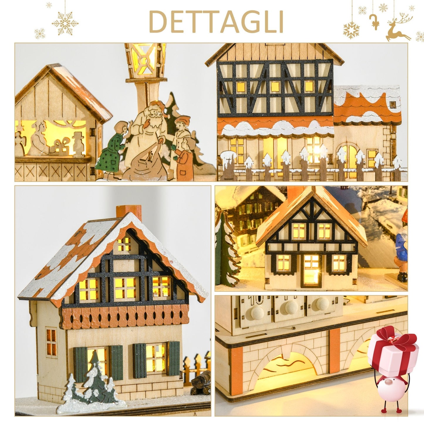 Wooden Advent calendar with 24 drawers decoration with Christmas village and lights, 44x10x37cm - wood - Borgè