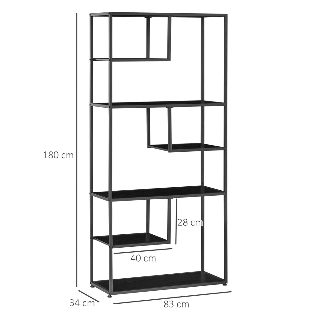 Mobile 7 -level bookcase in chipboard and steel for living room, bedroom and office, 83x34x180 cm, black - Borgè