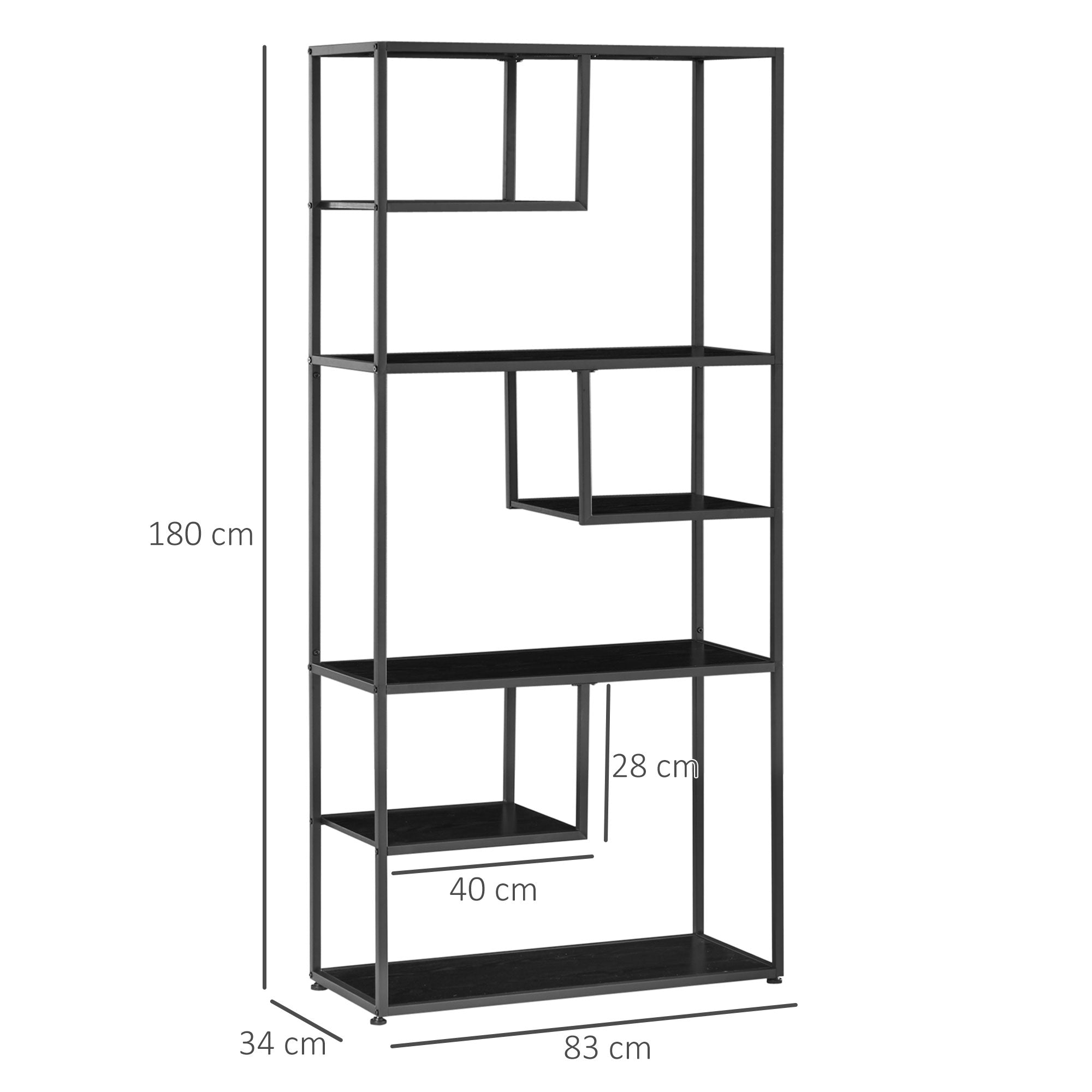 Mobile 7 -level bookcase in chipboard and steel for living room, bedroom and office, 83x34x180 cm, black - Borgè