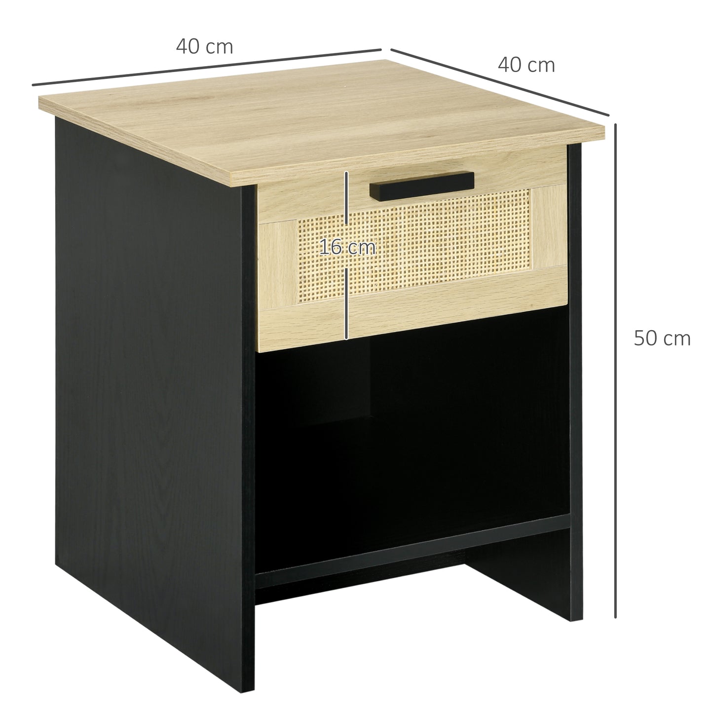 Boho Chic Style Wooden and Rattan Nightstand with Drawer and Shelf, 40x40x50cm, Black and Natural - Borgè