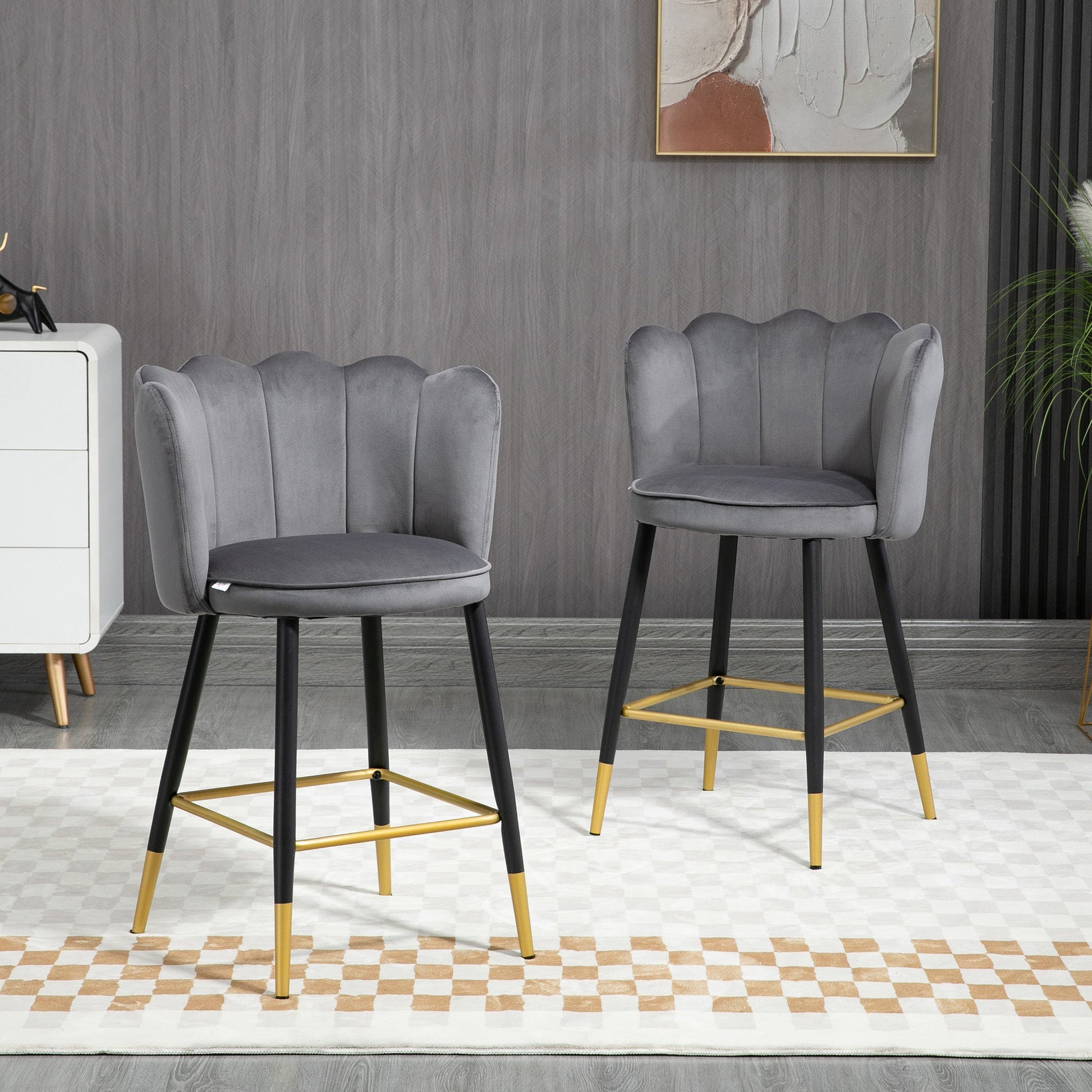 Homcom set with 2 stools from velvety bar with footrest and steel base, 59x52x90cm, Grey - Borgè