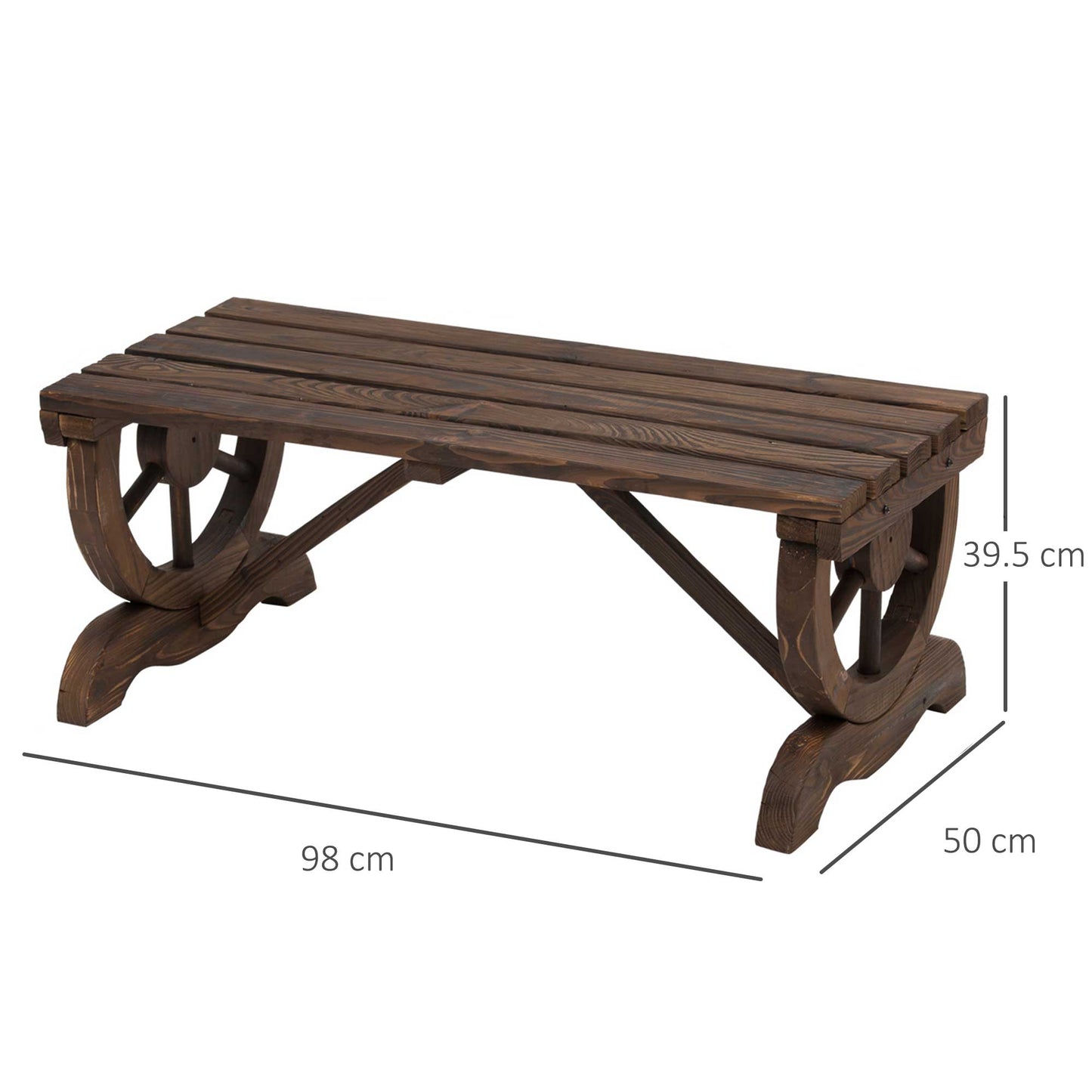 Outsunny 2 -seater bench with fir wood with burnt effect (98x50x39.5cm) legs with wheel design (Ø41cm) - Borgè