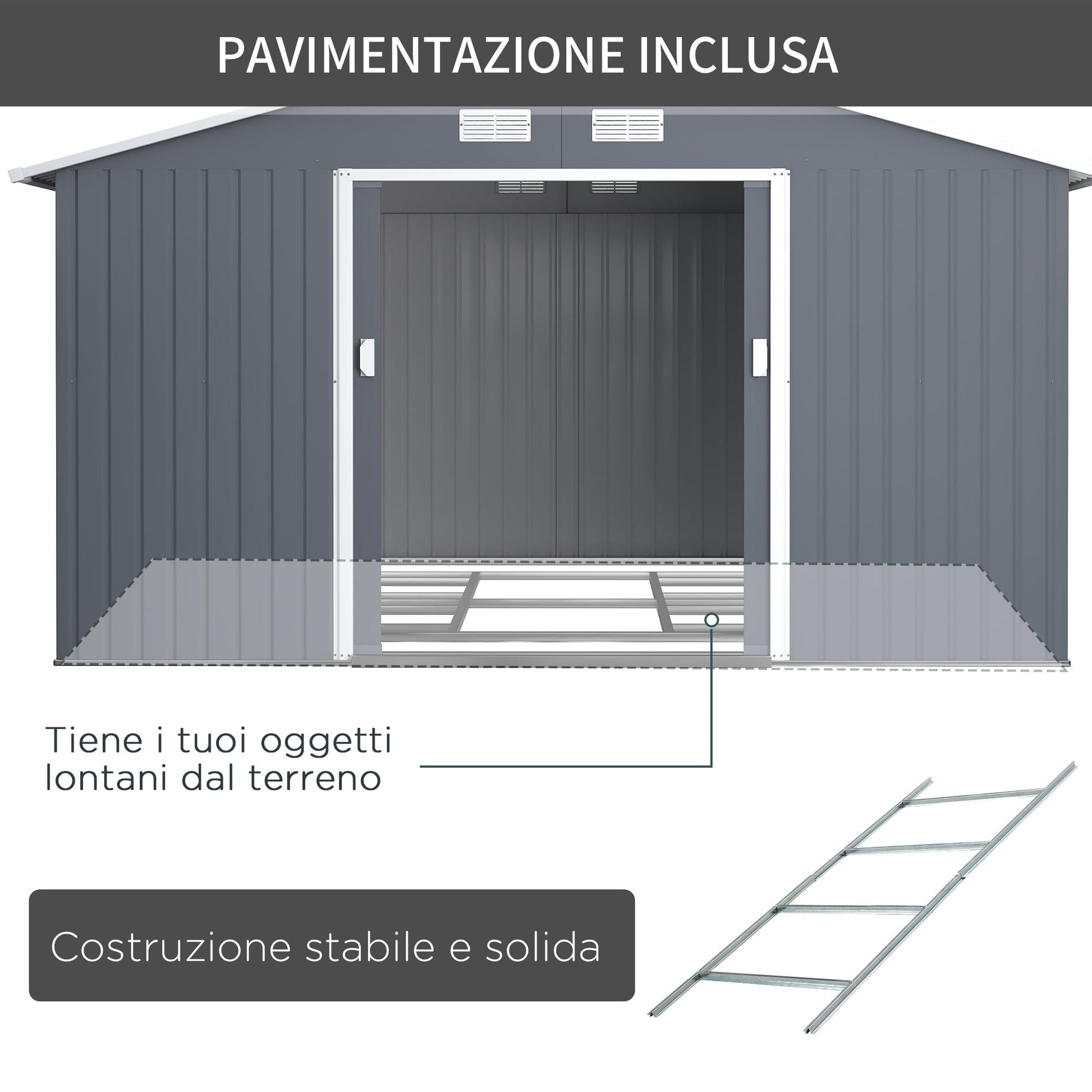 Outsunny garden house with double sliding doors, steel garden shed, 340x386x200cm, Grey - Borgè