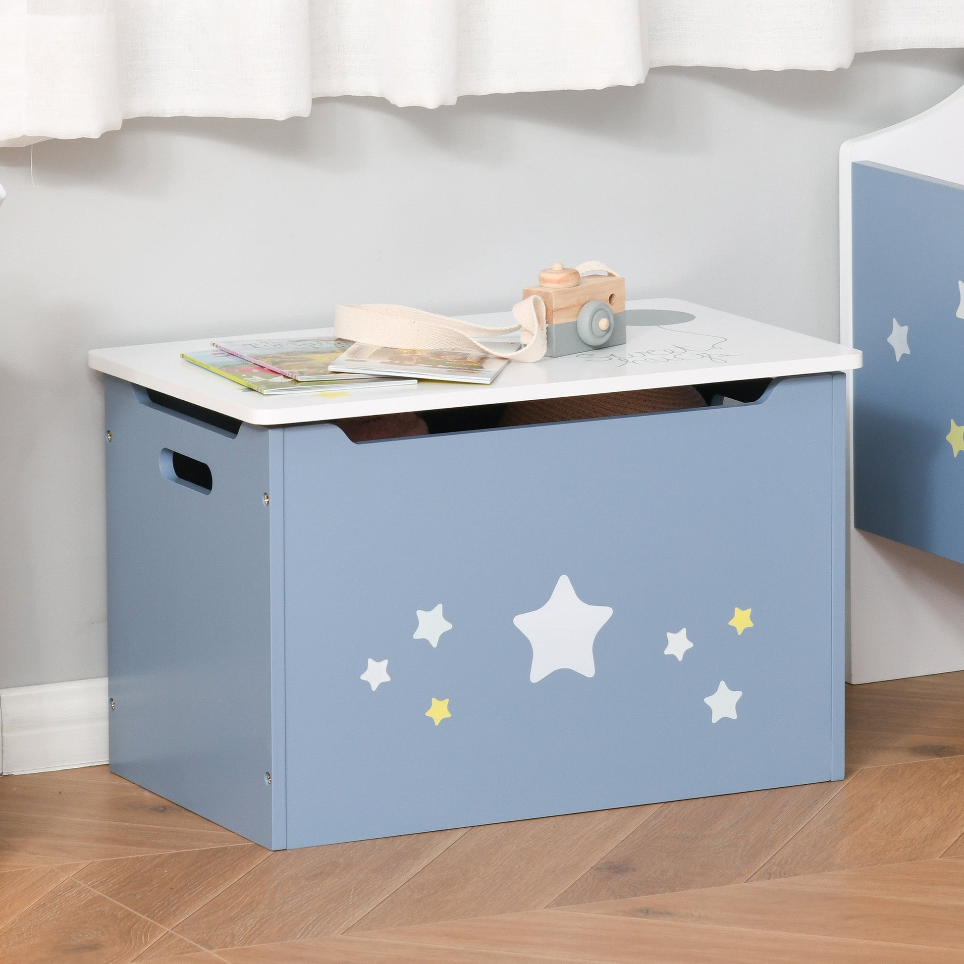 Store Bench zblue with white stars wooden bench with storage space for childrens room - Borgè