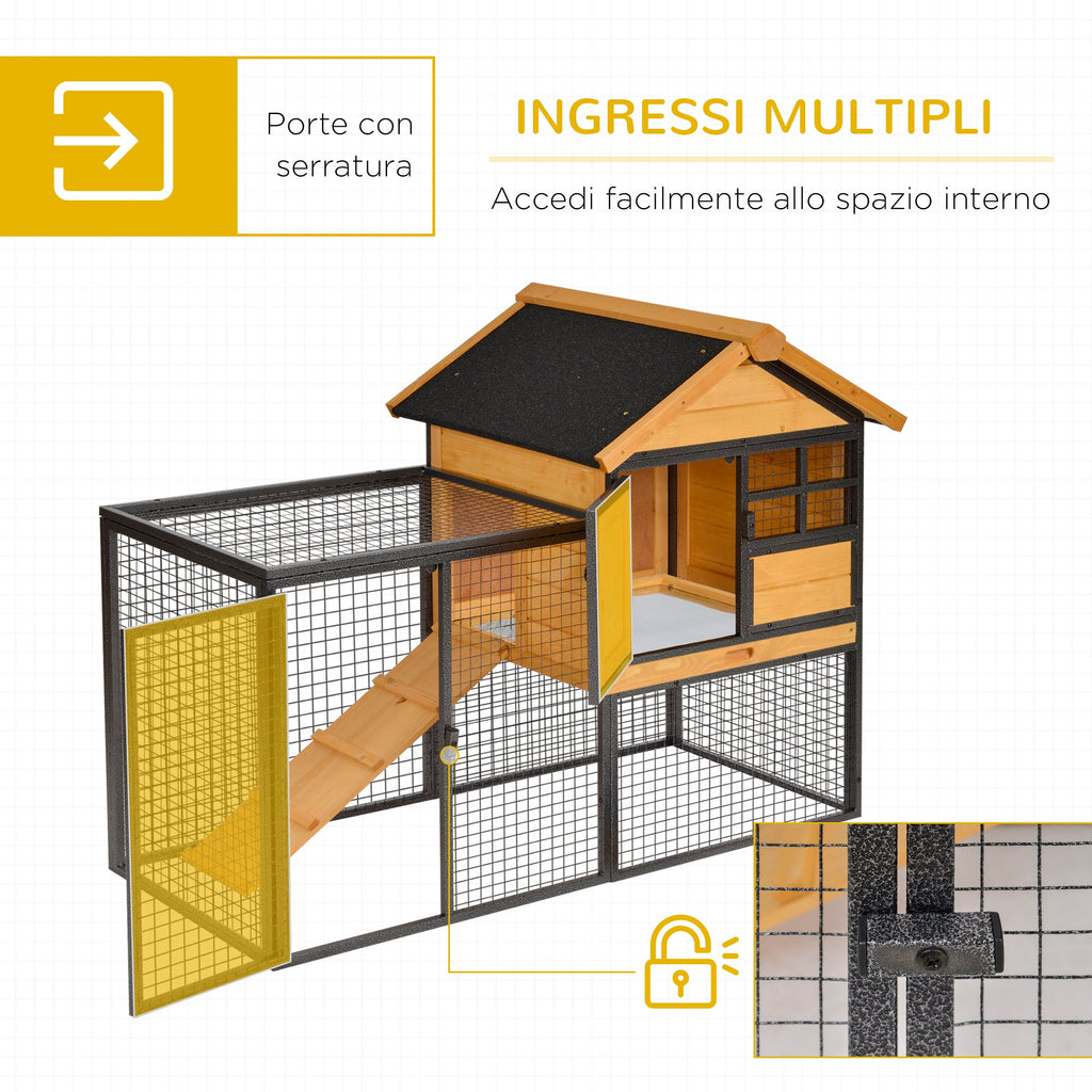 Rabbit Cage with House, Ramp and Open Area, Light Yellow Wooden and Metal Rabbit Hutch, 122x63x92cm - Borge' Group Limited