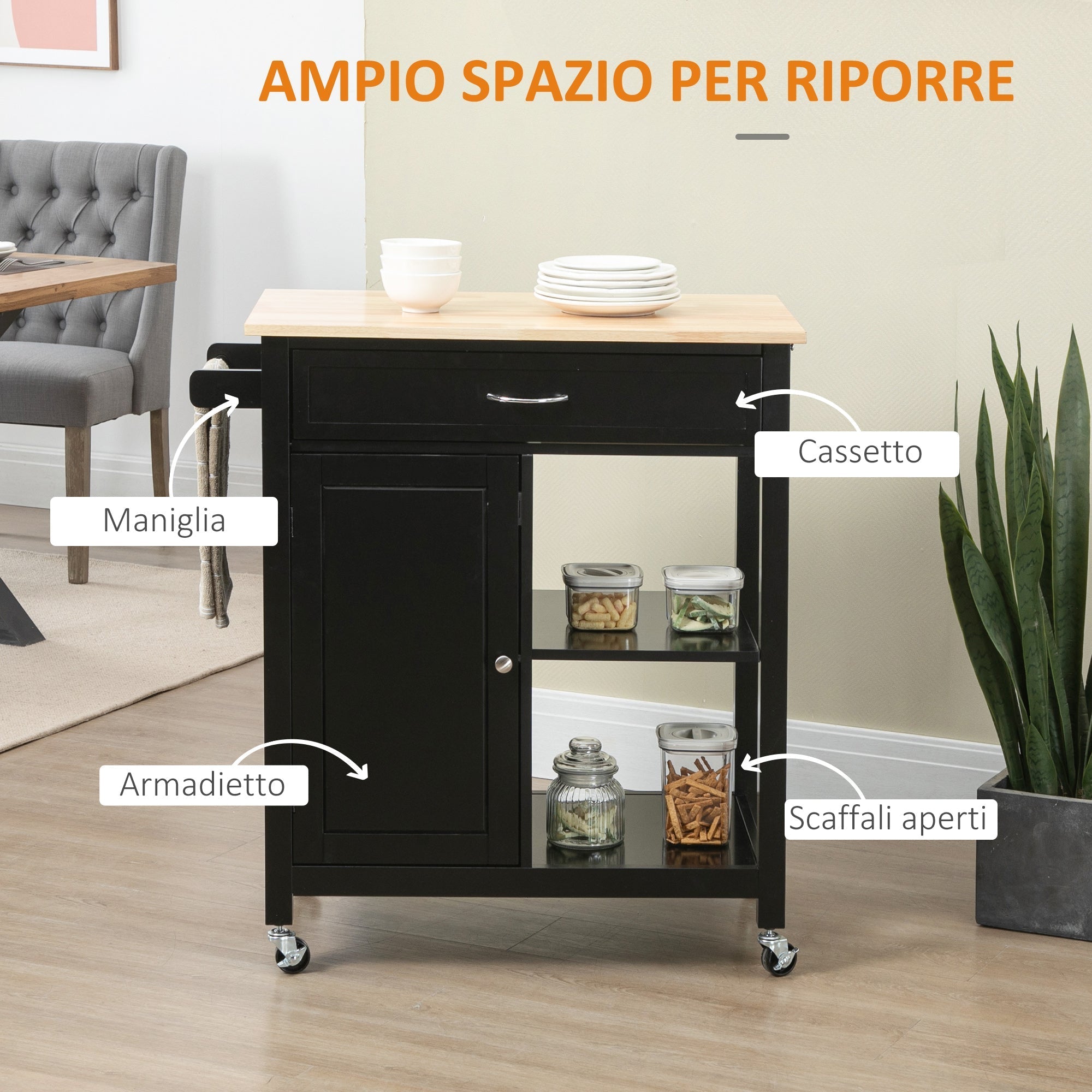wooden kitchen trolley with drawer, locker and wheels, 83x45x88cm, black - Borgè