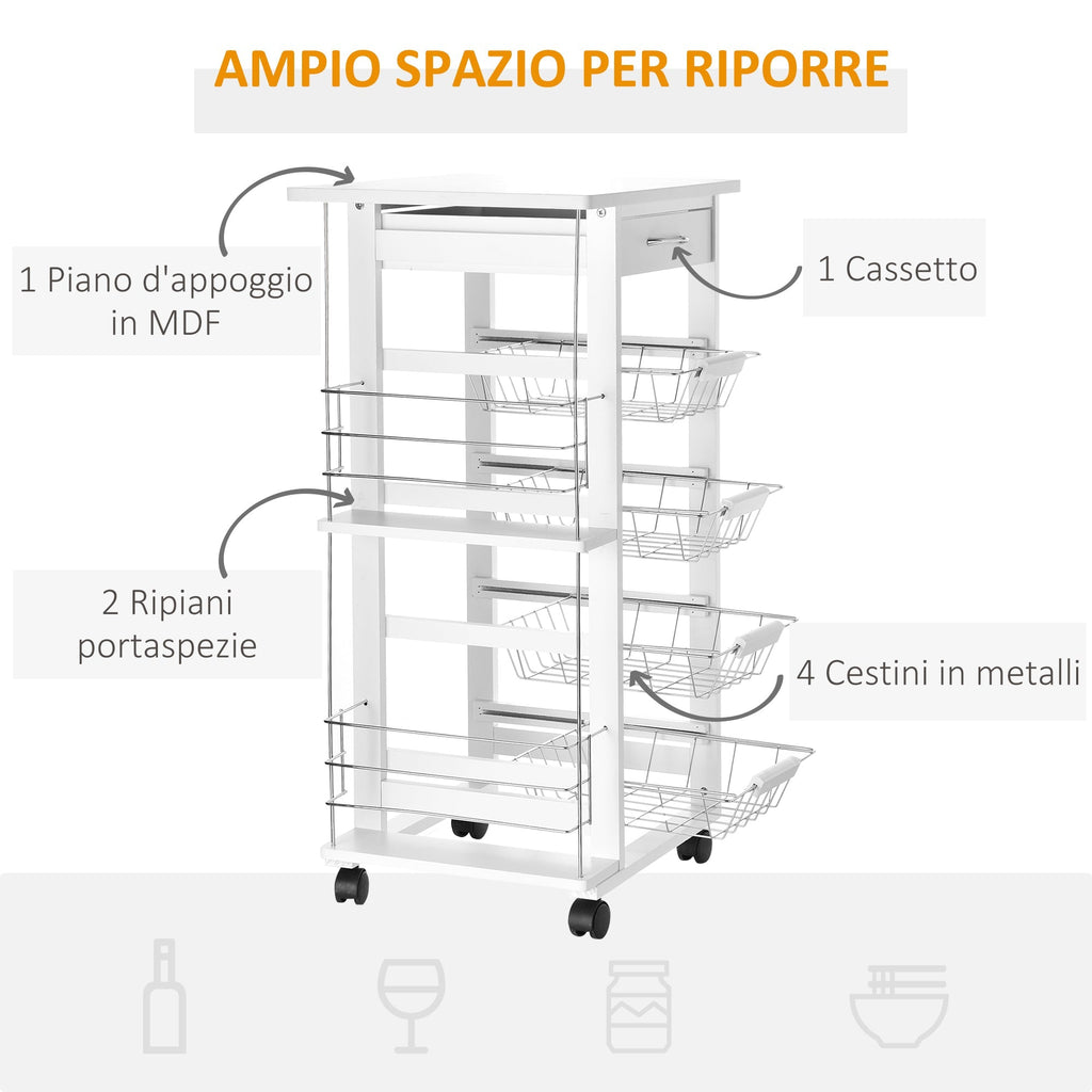 white wooden kitchen trolley with 1 drawer and 4 metal baskets - Borgè