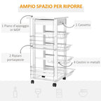 white wooden kitchen trolley with 1 drawer and 4 metal baskets - Borgè
