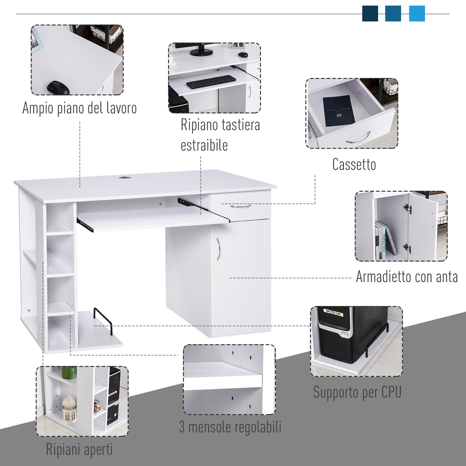 desk for ergonomic pc with shelves and white removable keyboard plane - Borgè