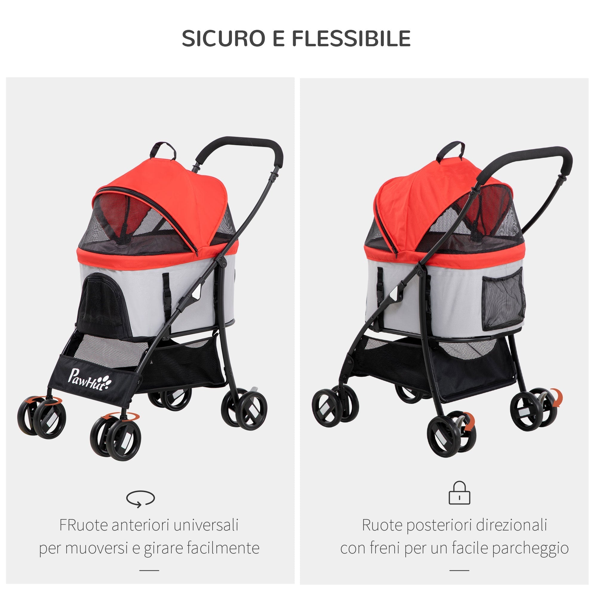 Foldable Dog Stroller with Removable Carrier and Canopy, 82x49. 5x98cm, Red - Borge' Group Limited