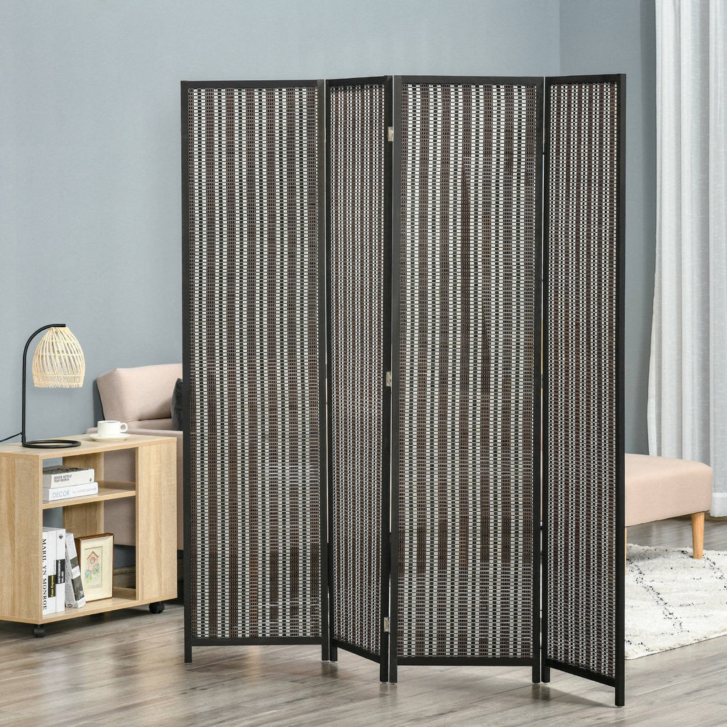 Indoor Room Divider, 4-Panel Folding Screen, Wooden and Bamboo Room Divider, 180x180x1.9cm, Black and Brown - Borgè