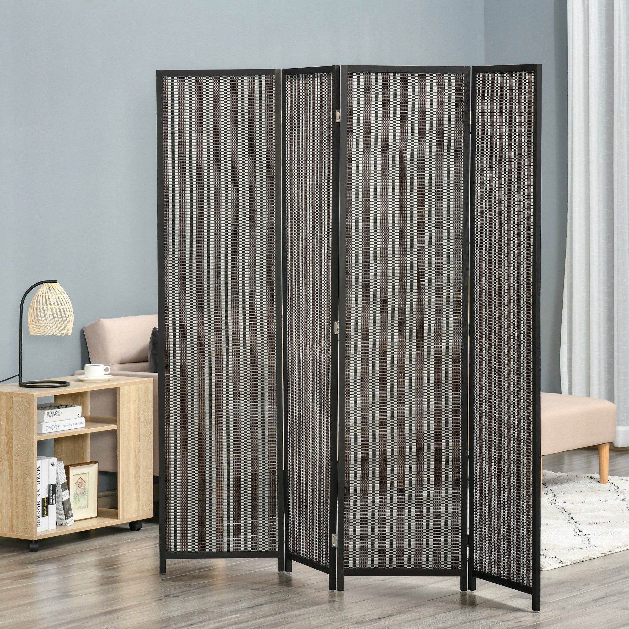 Indoor Room Divider, 4-Panel Folding Screen, Wooden and Bamboo Room Divider, 180x180x1.9cm, Black and Brown - Borgè