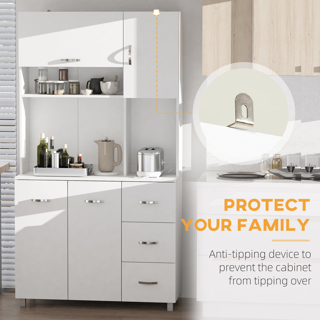 Homcom Modern Kitchen Credenza with drawers, cabinets and open shelves, 100x39.5x183.5cm, white - Borgè