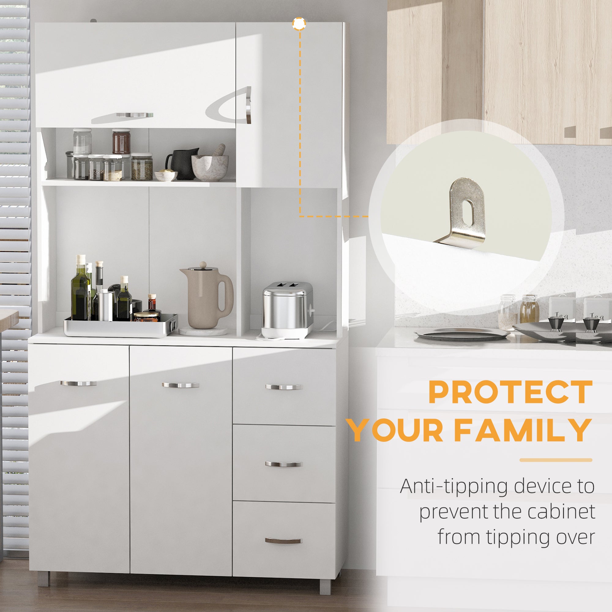 Homcom Modern Kitchen Credenza with drawers, cabinets and open shelves, 100x39.5x183.5cm, white - Borgè