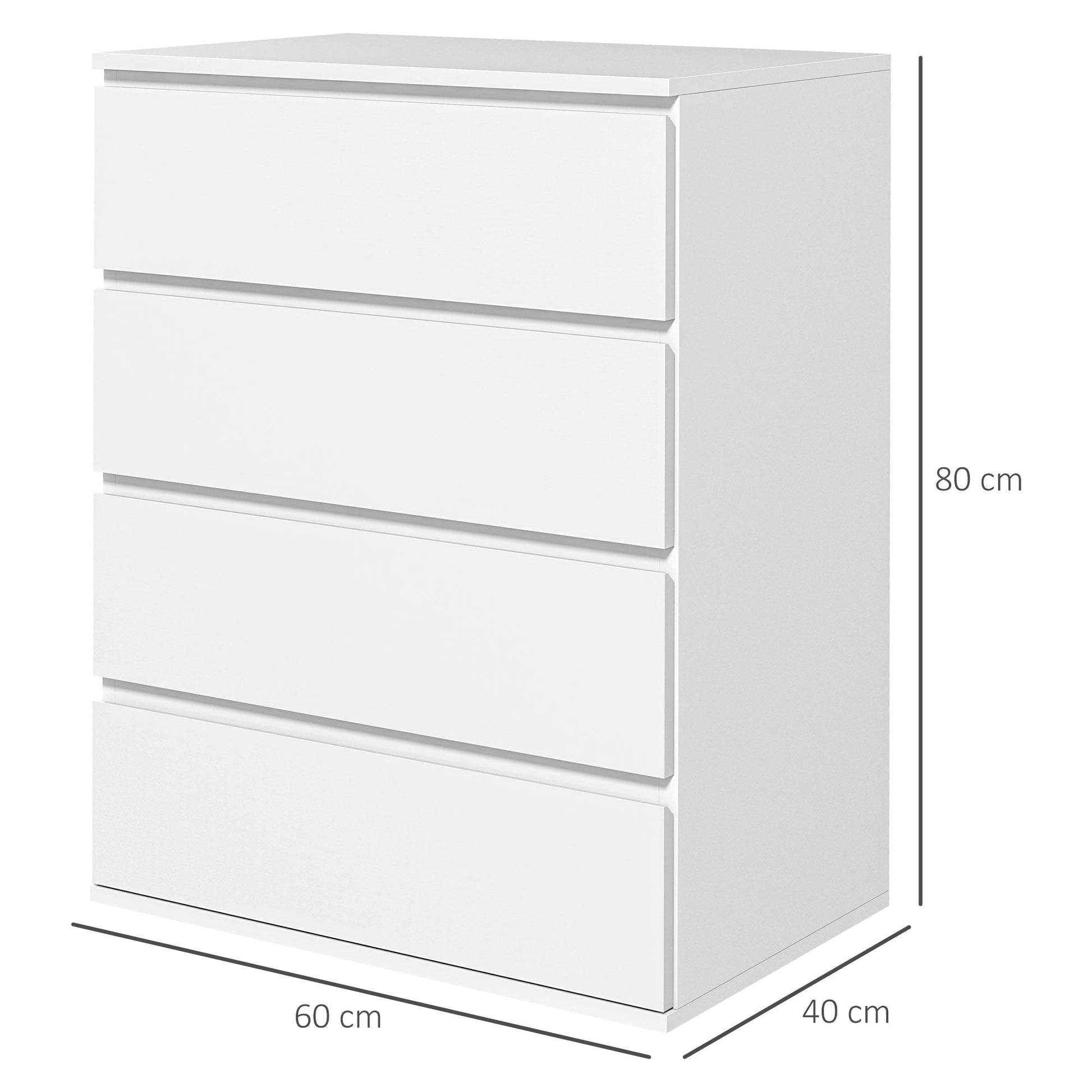 Homcom chest of drawers 4 drawers in chipboard with metal guides and grooved handles, 60x40x80 cm, white - Borgè