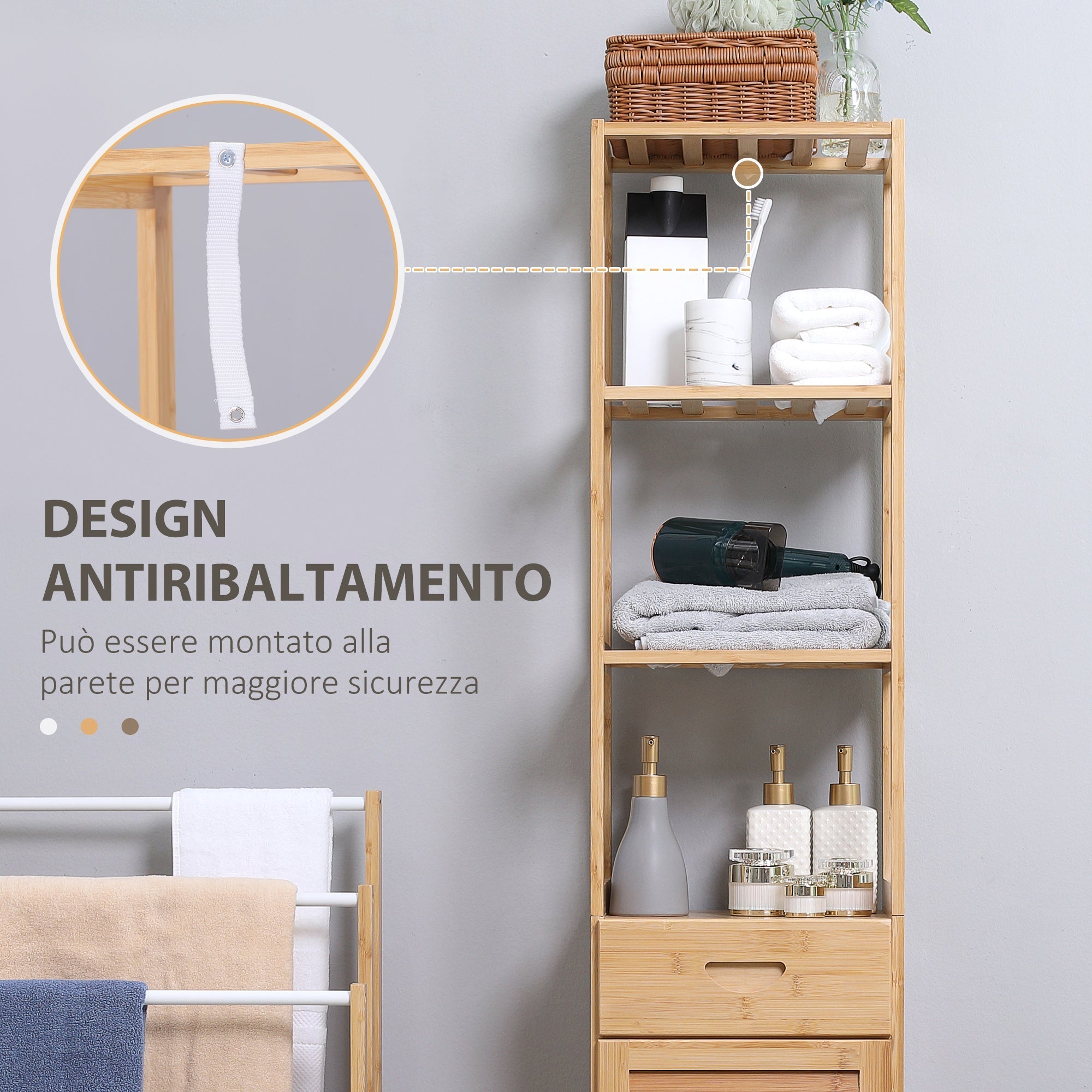 Kleankin High Bathroom Cabinet in Bamboo with 3 open shelves, a drawer and a locker, 32x30x163 cm, wooden color - Borgè