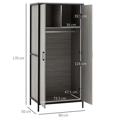 Wardrobe 2 -door wardrobe with compartments and hanger bar 80x50x179cm, Grey