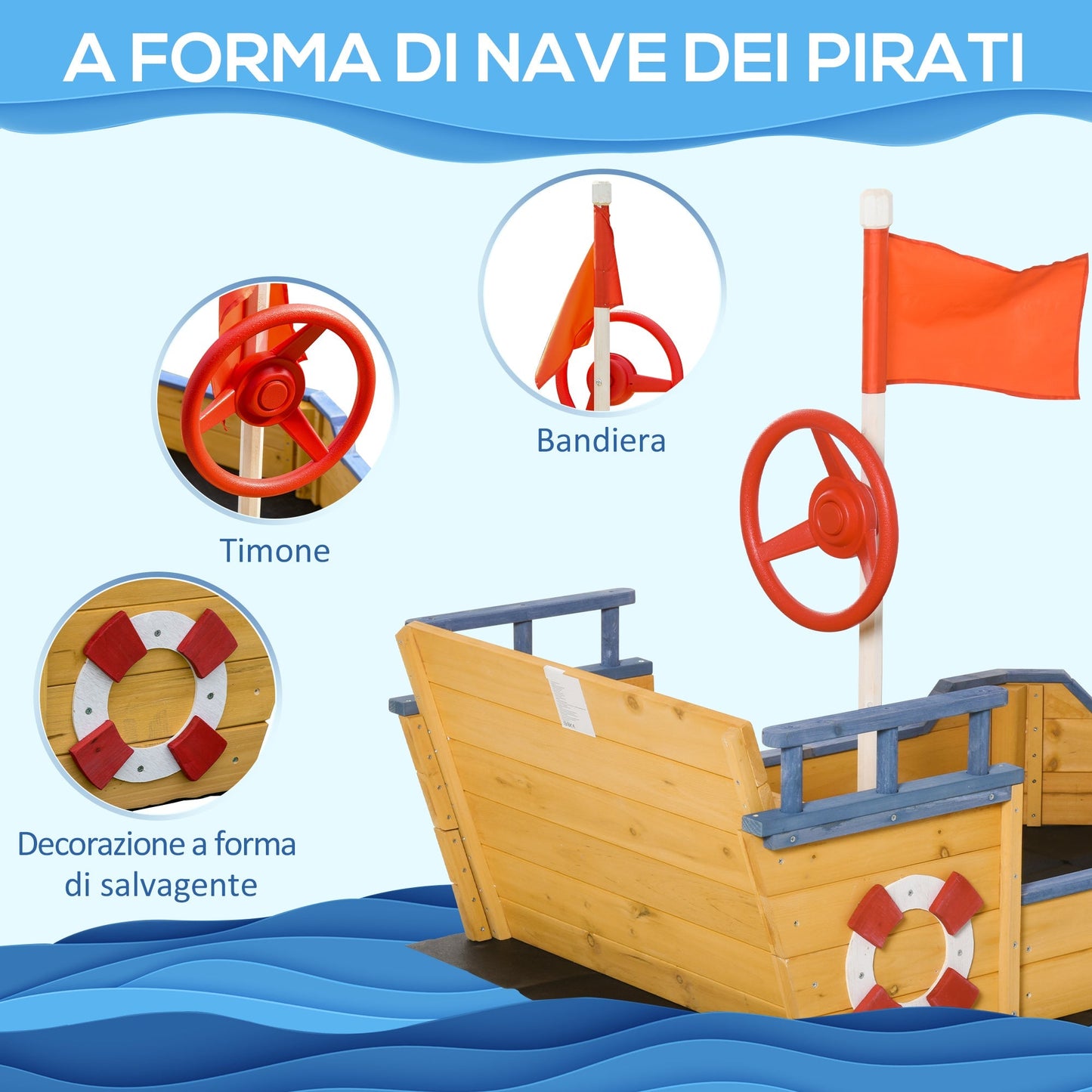 Outsunny Sabbiera for Children in Wooden Shaped Pirates with container compartment, 158x78x45.5cm - Borgè