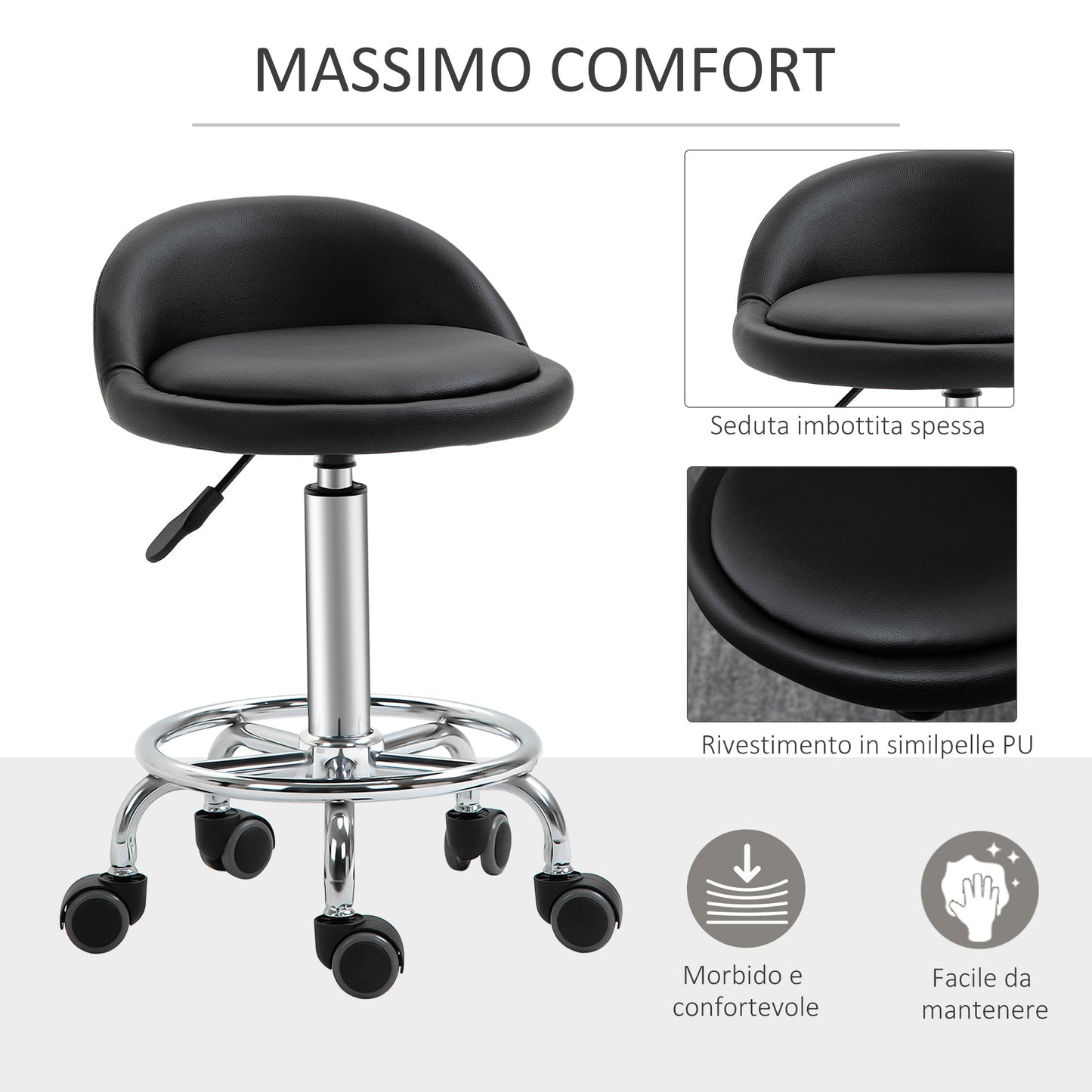 Beauty Stool with Wheels, Adjustable Height, and Comfortable Coating | 38x38x57-72cm