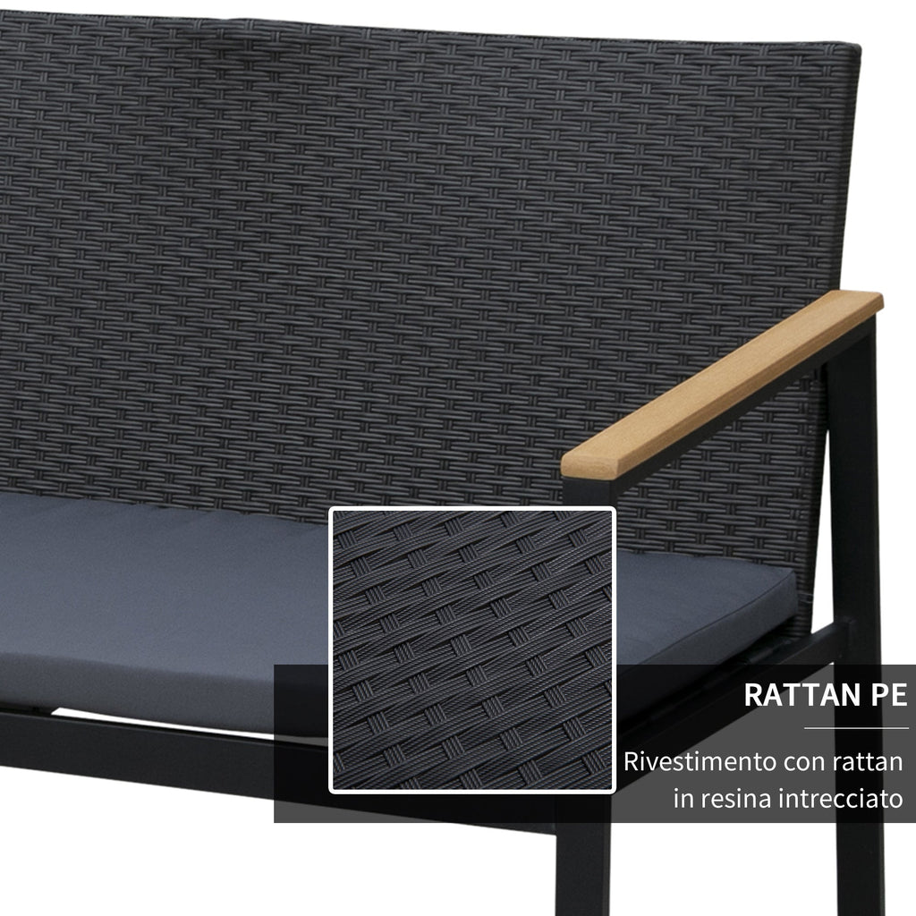 4-Piece Outdoor Lounge Set with 2 Chairs, Sofa and Coffee Table, Garden Furniture in Rattan and Black Steel - Borge' Group Limited